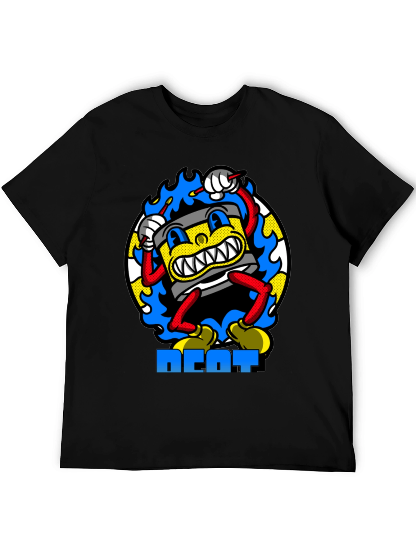 Black Retro Cartoon Drum Beat T-Shirt - Black Cotton view 5