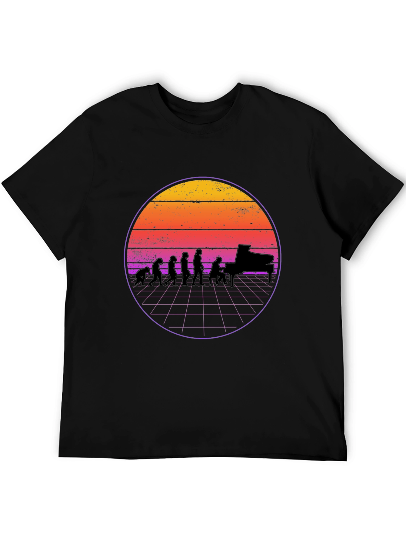 Black Piano Evolution T-Shirt - Retro Sunset Design view 5