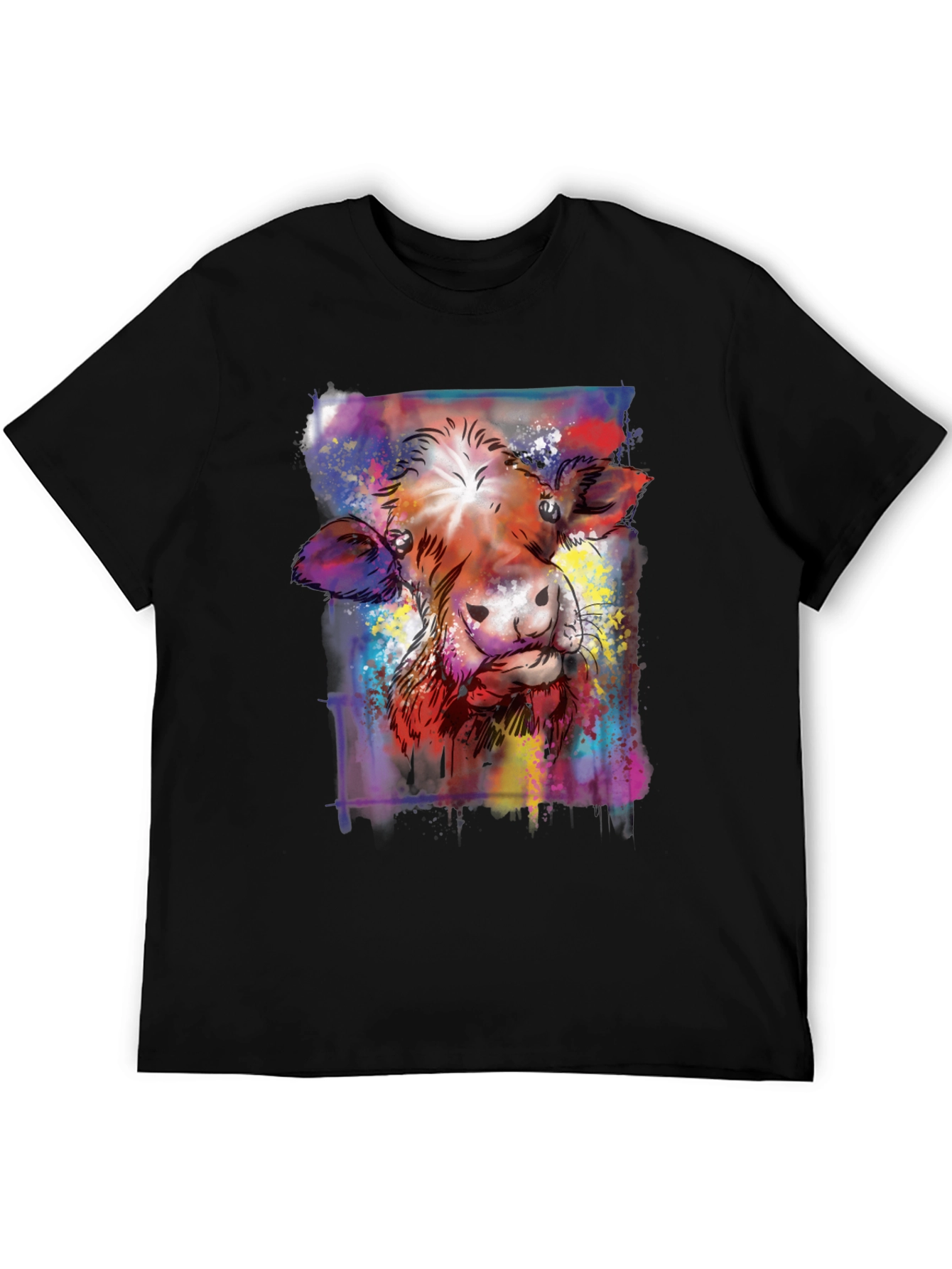 Black Colorful Cow Art Graphic Print Black T-Shirt view 5