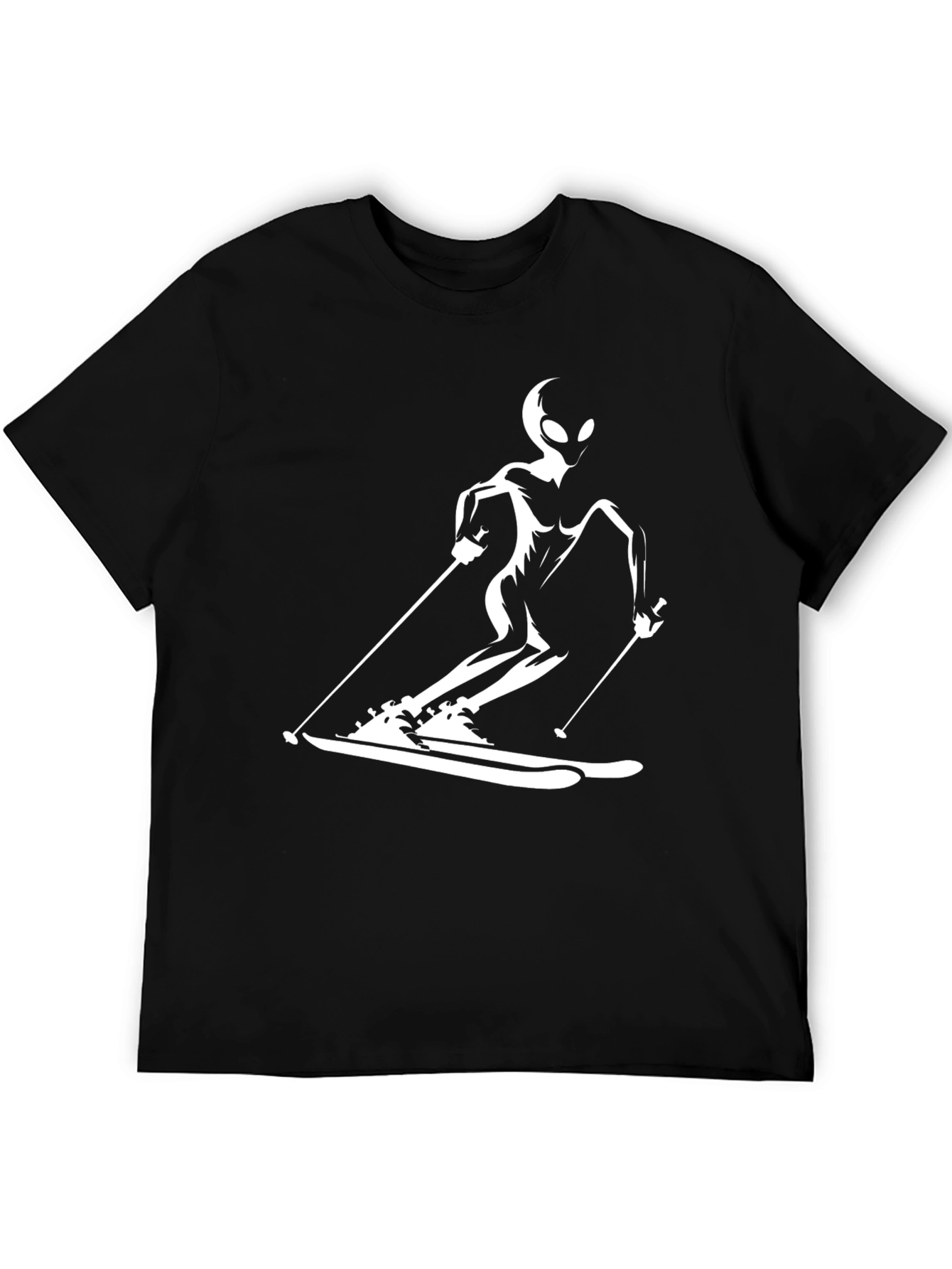 Black Skiing Alien Graphic Tee - Black Cotton Casual T-Shirt view 5