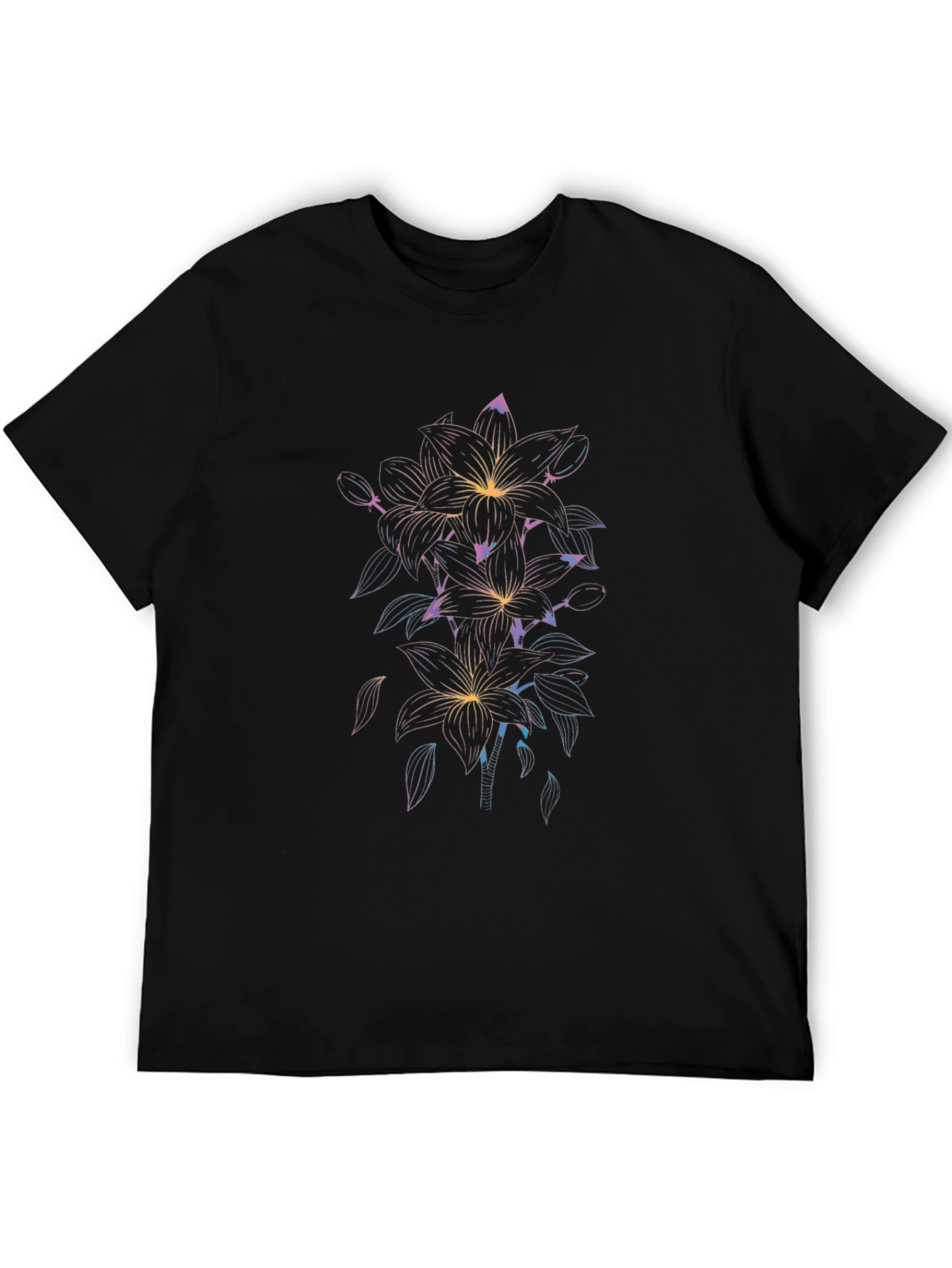 Black Floral Line Art Black T-Shirt view 5