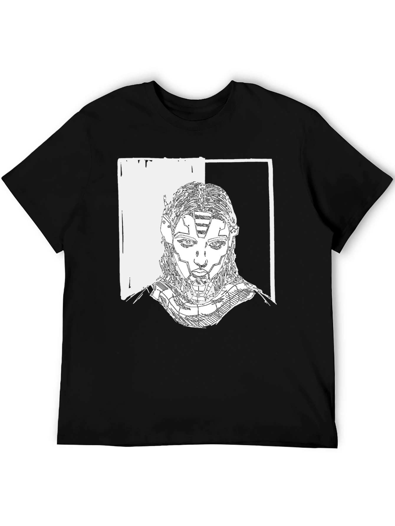 Black Cyberpunk Portrait Graphic Tee - Black Cotton T-Shirt view 5