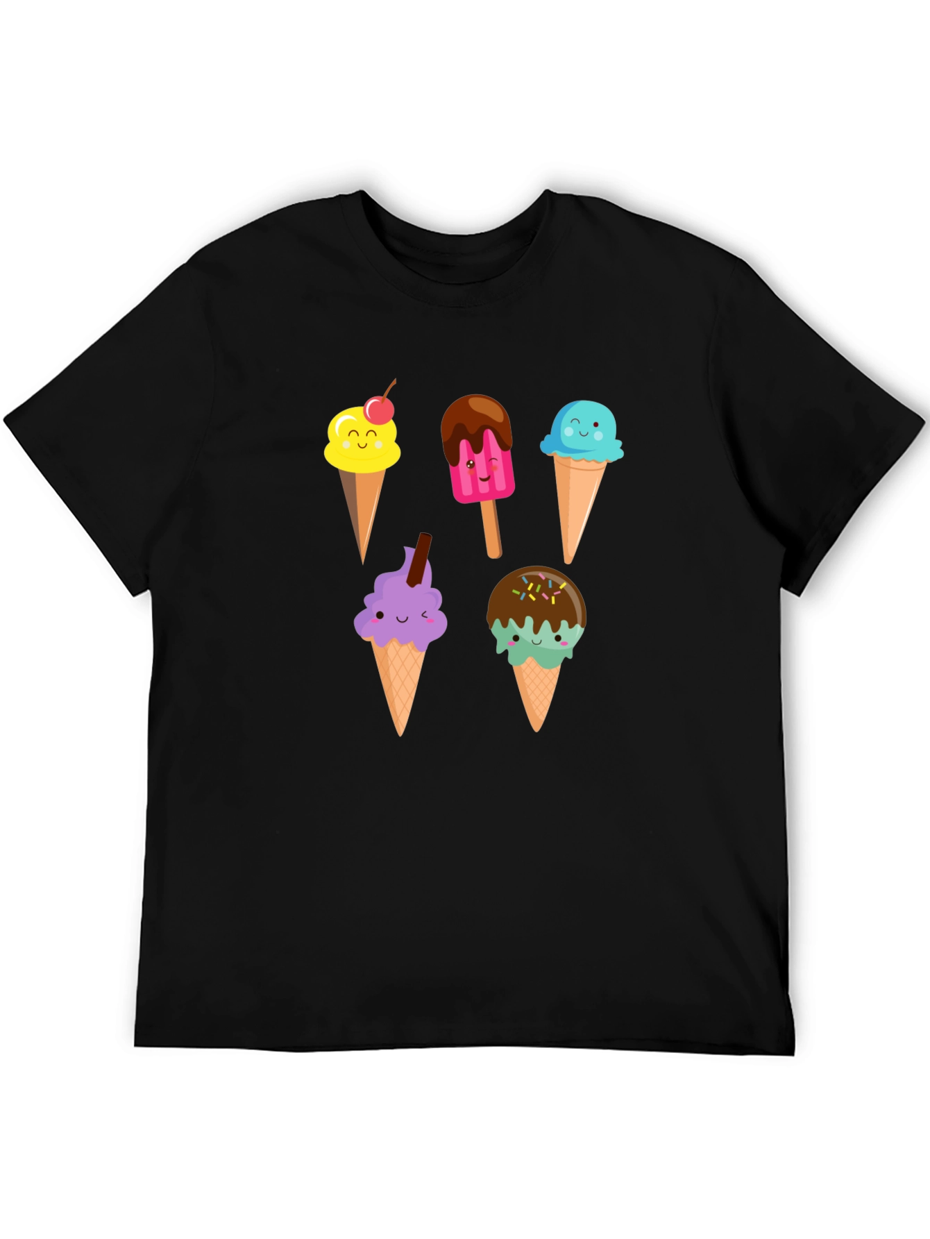 Black Cute Cartoon Ice Cream Graphic Black T-Shirt view 5