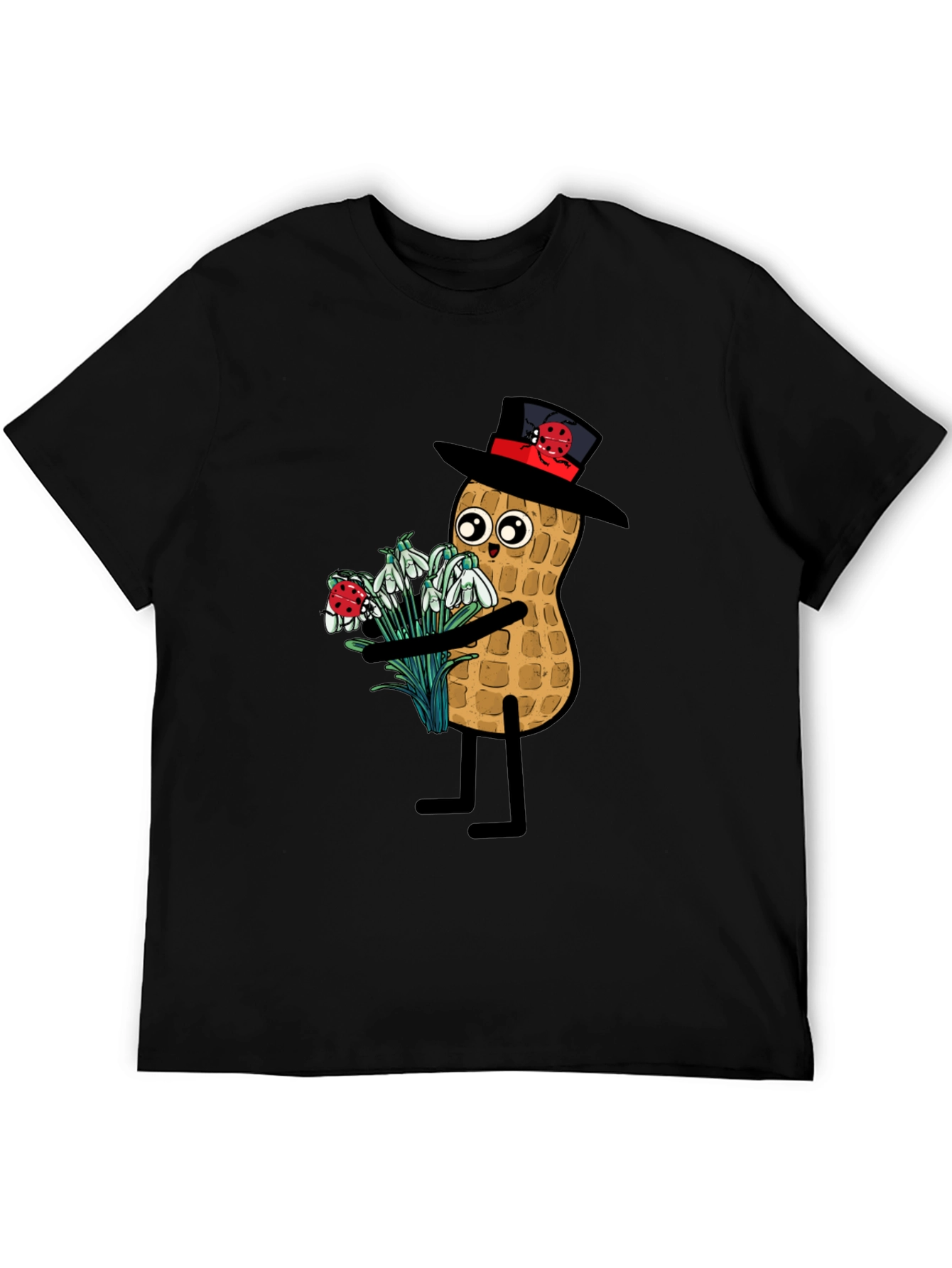 Black Funny Peanut with Flowers Graphic Tee view 5