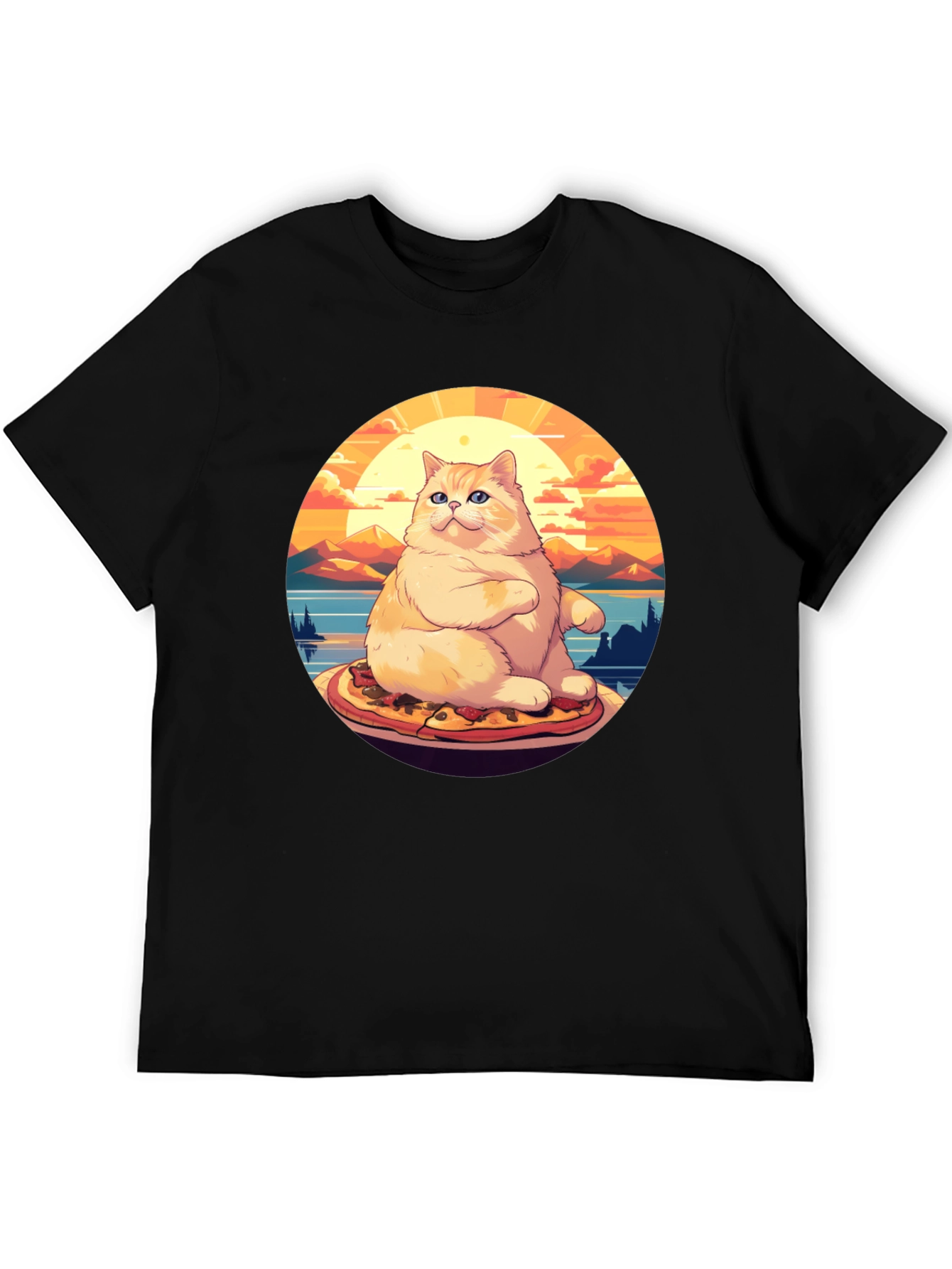 Black Pizza Cat T-Shirt: Sunset Vibes view 5