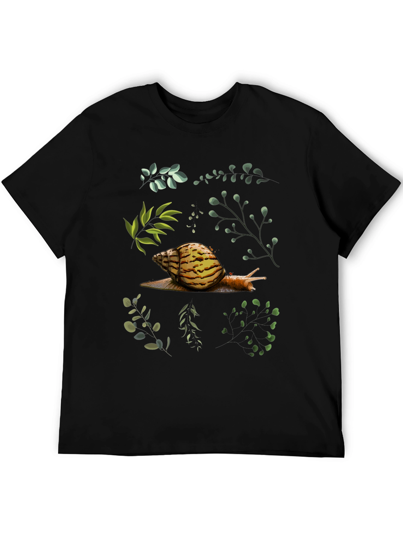 Black Snail & Botanical Print Black T-Shirt view 5