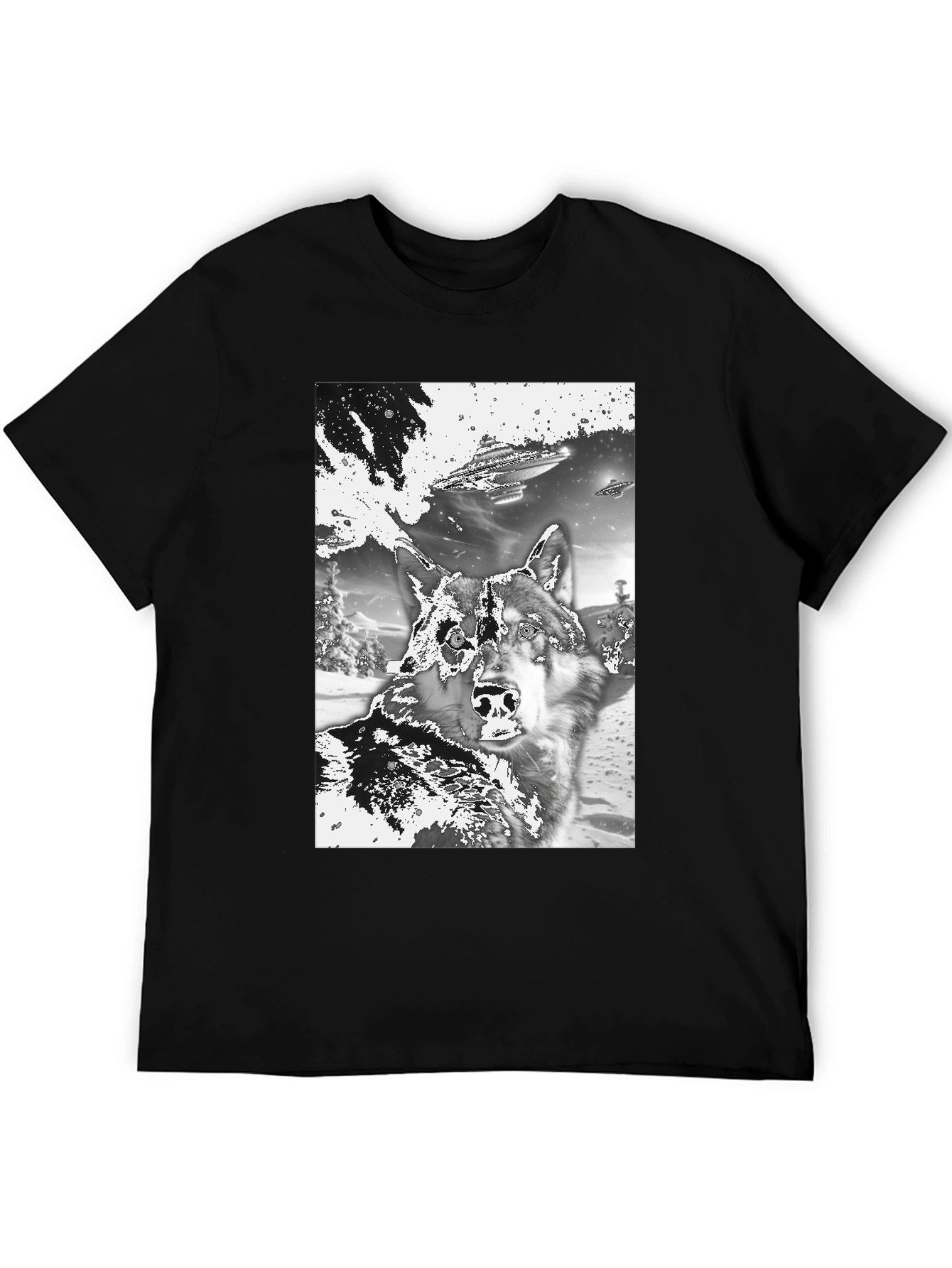 Black Wolf & UFO Graphic T-Shirt - Black Crew Neck Tee view 5