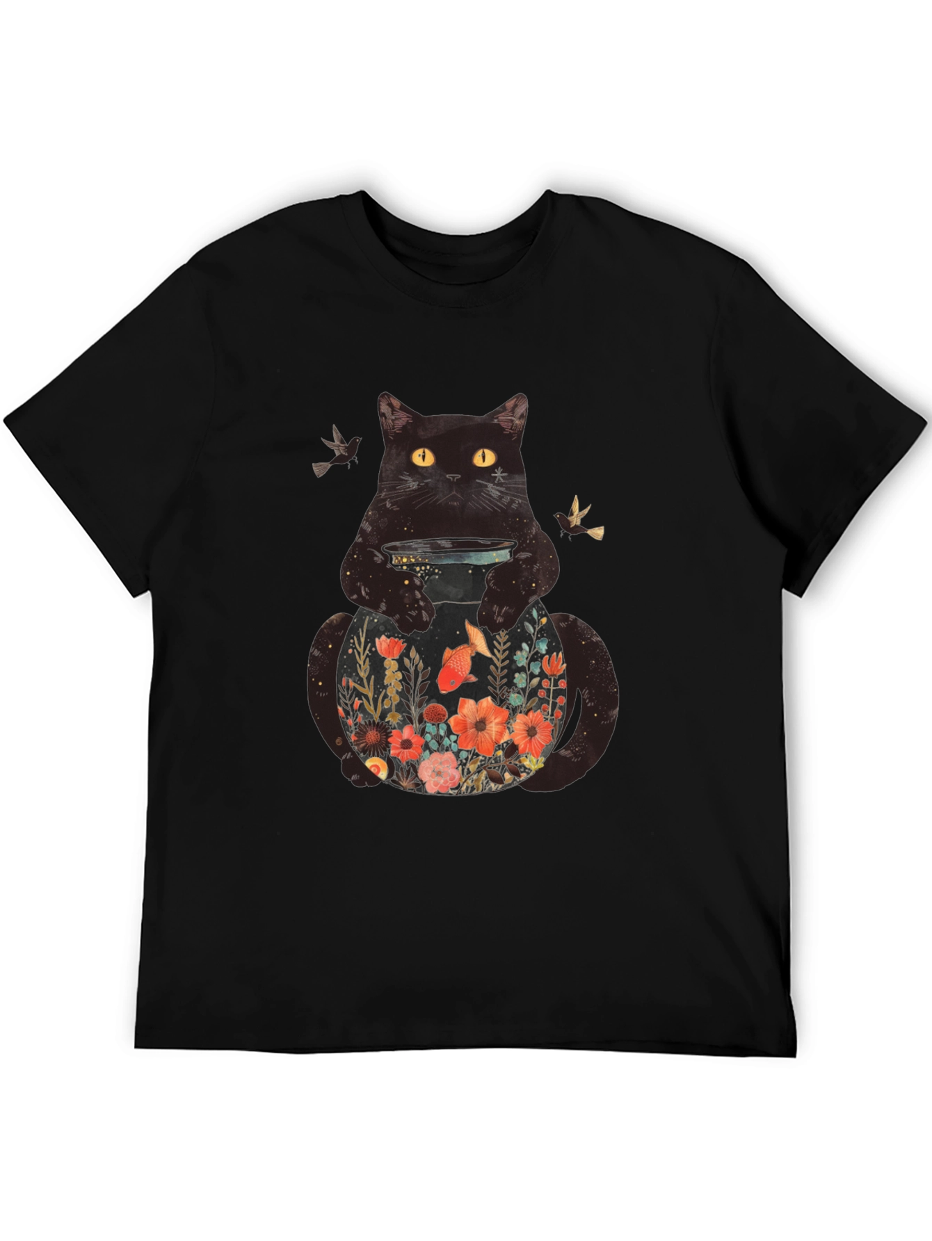 Black Floral Cat Graphic T-Shirt - Unique Animal Design view 5