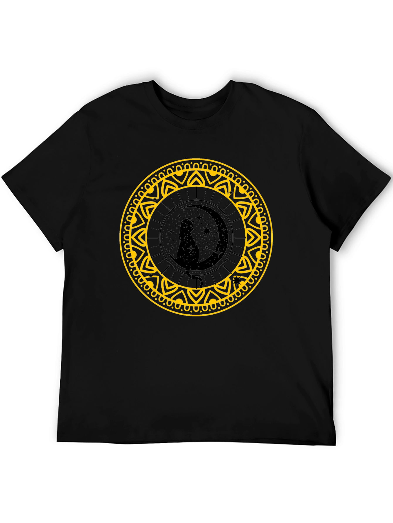 Black Cat Moon Mandala Black T-Shirt view 5