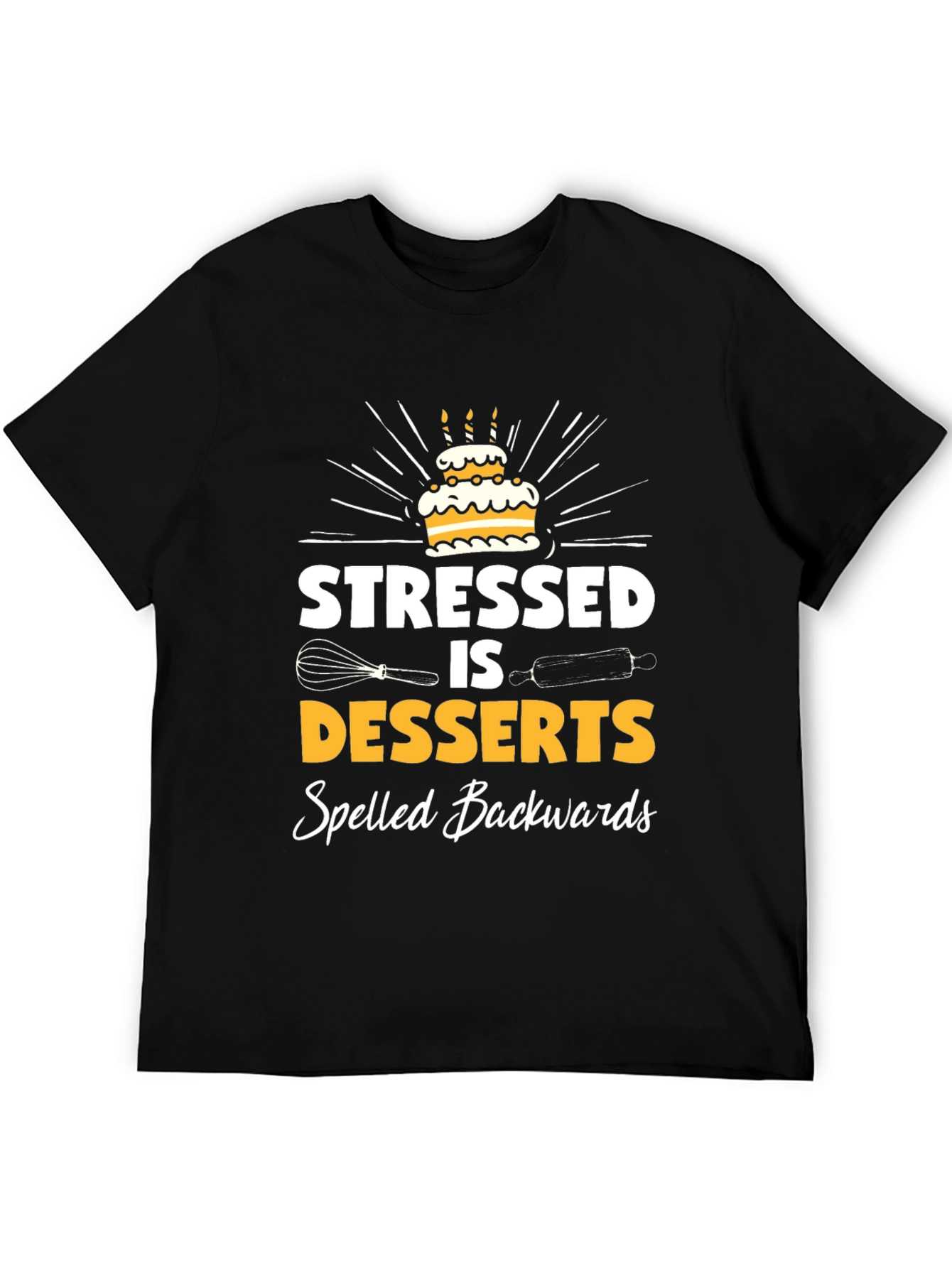 Black Stressed is Desserts Backwards Graphic Tee - Baker Humor Shirt view 5