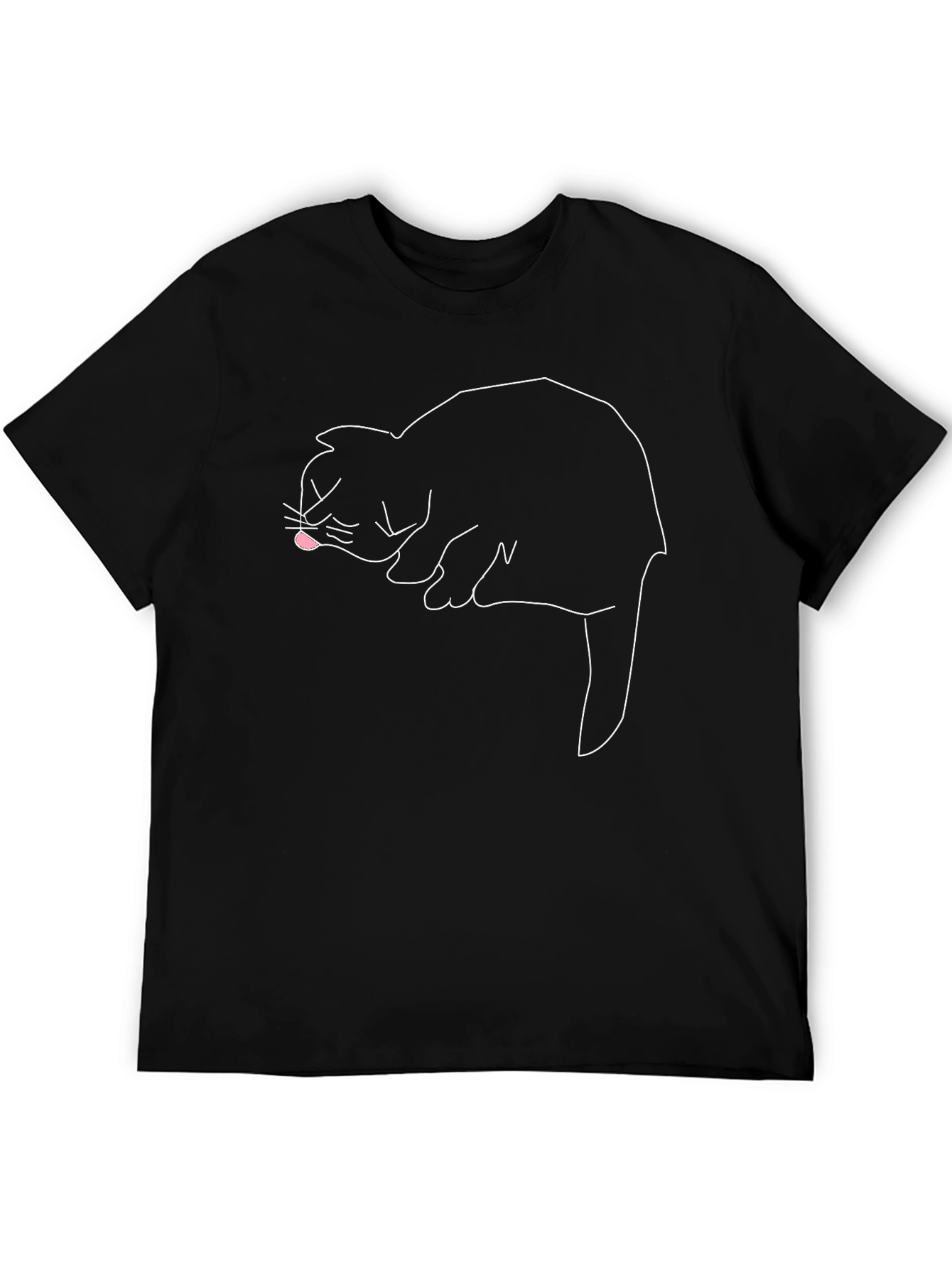 Black Minimalist Cat Outline T-Shirt - Black view 5
