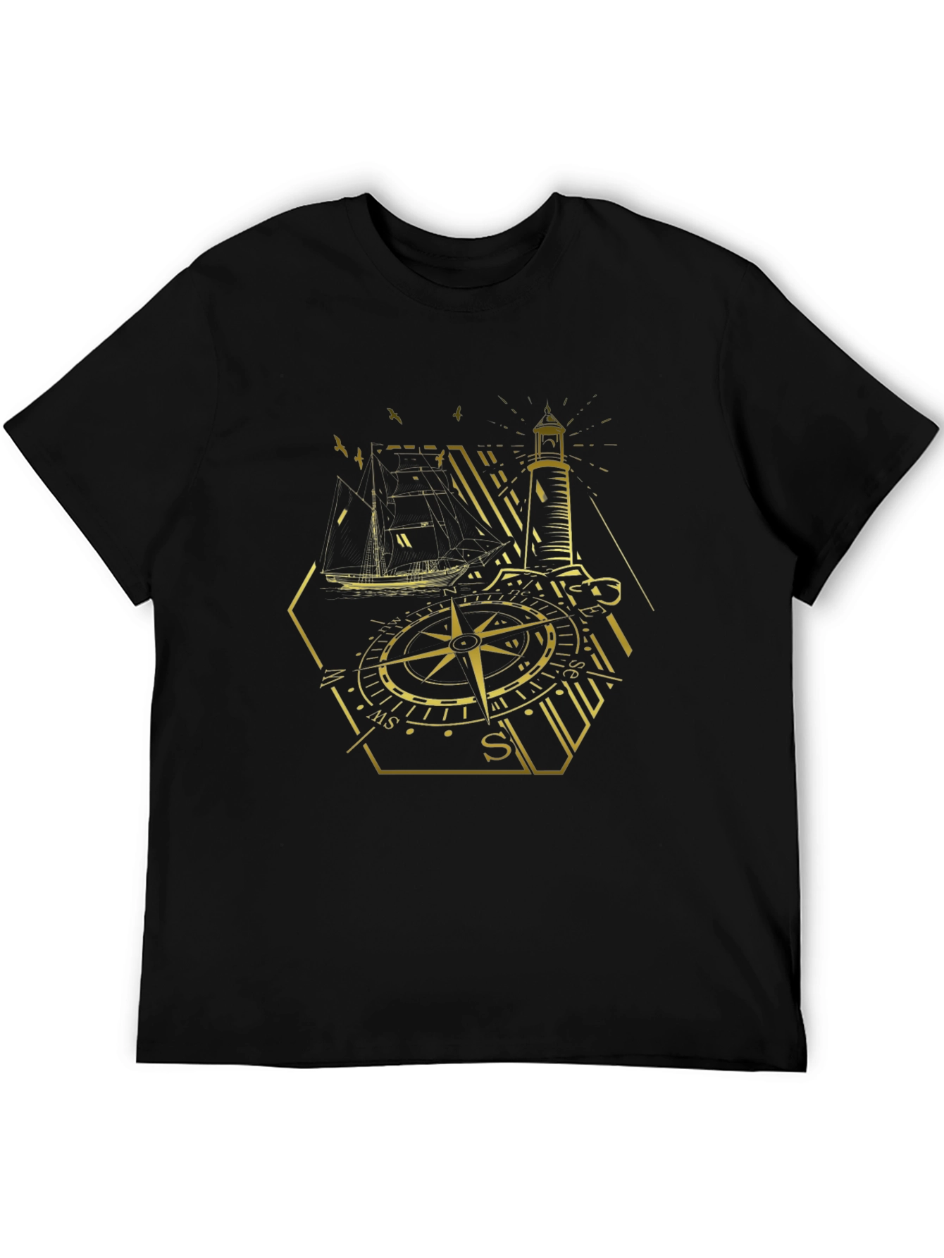 Black Nautical Compass Lighthouse Graphic Tee - Black view 5