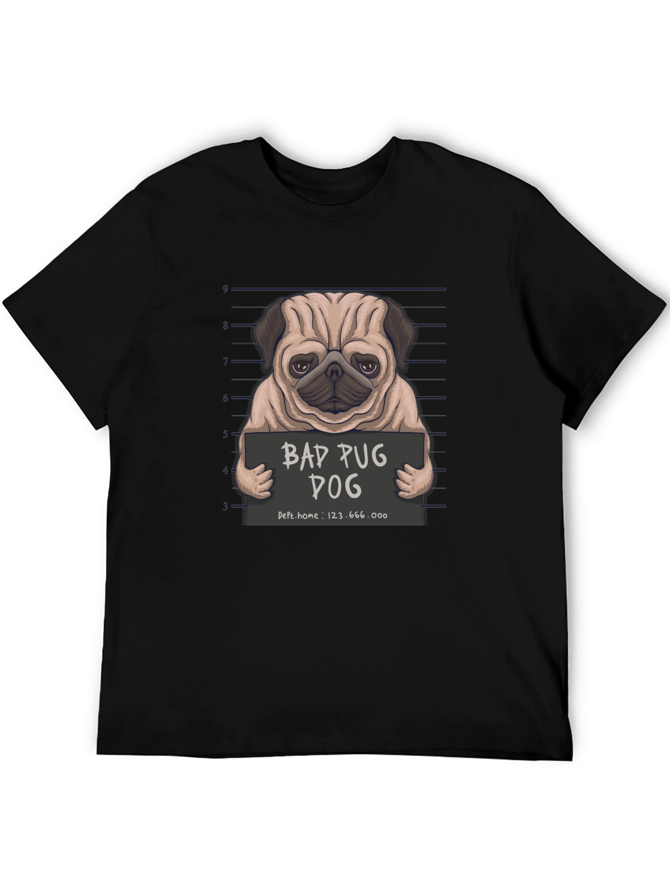 Black Bad Pug Dog T-Shirt - Funny Mugshot Design view 5