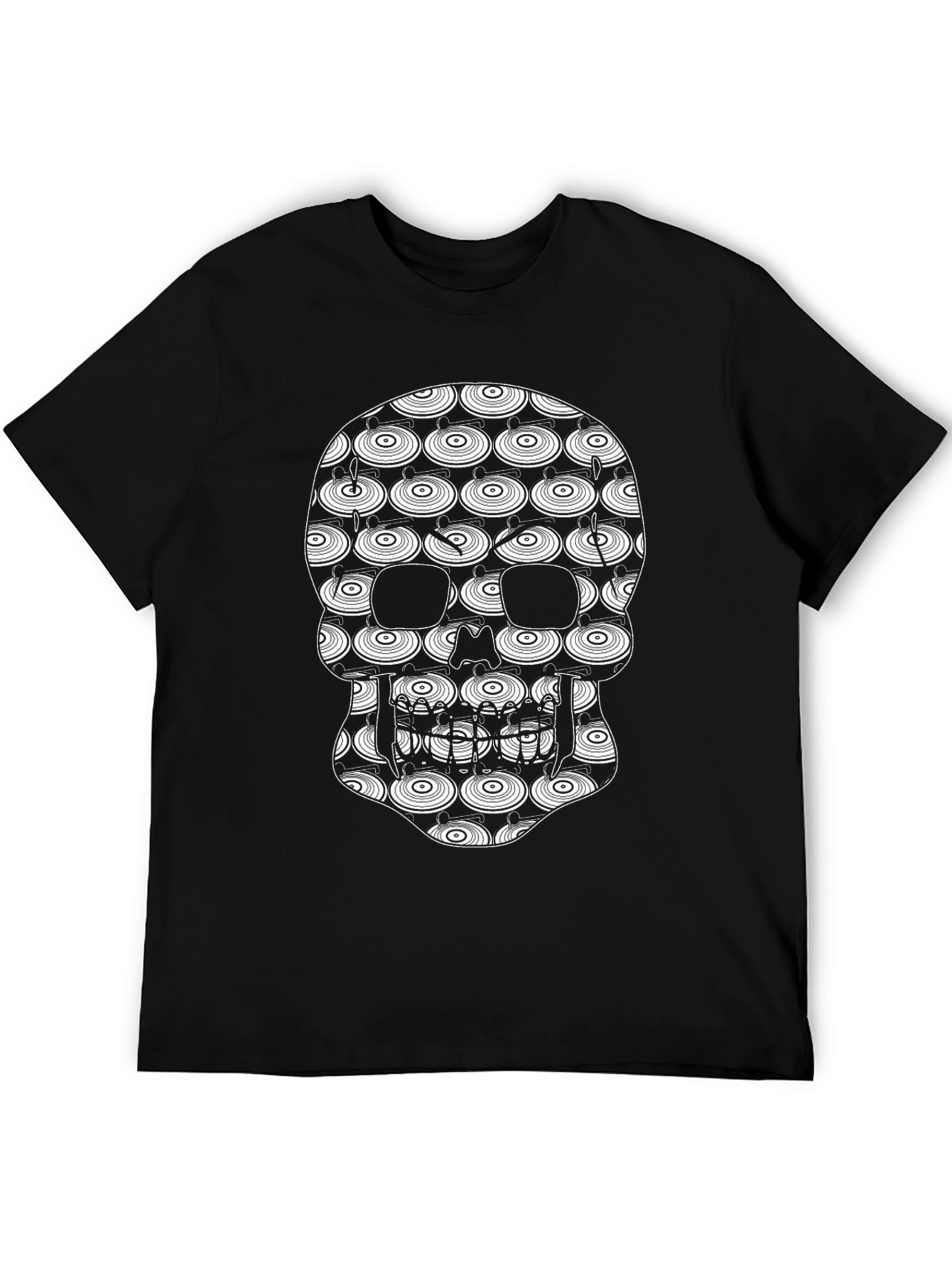 Black Skull Vinyl Record Pattern Black T-Shirt view 5