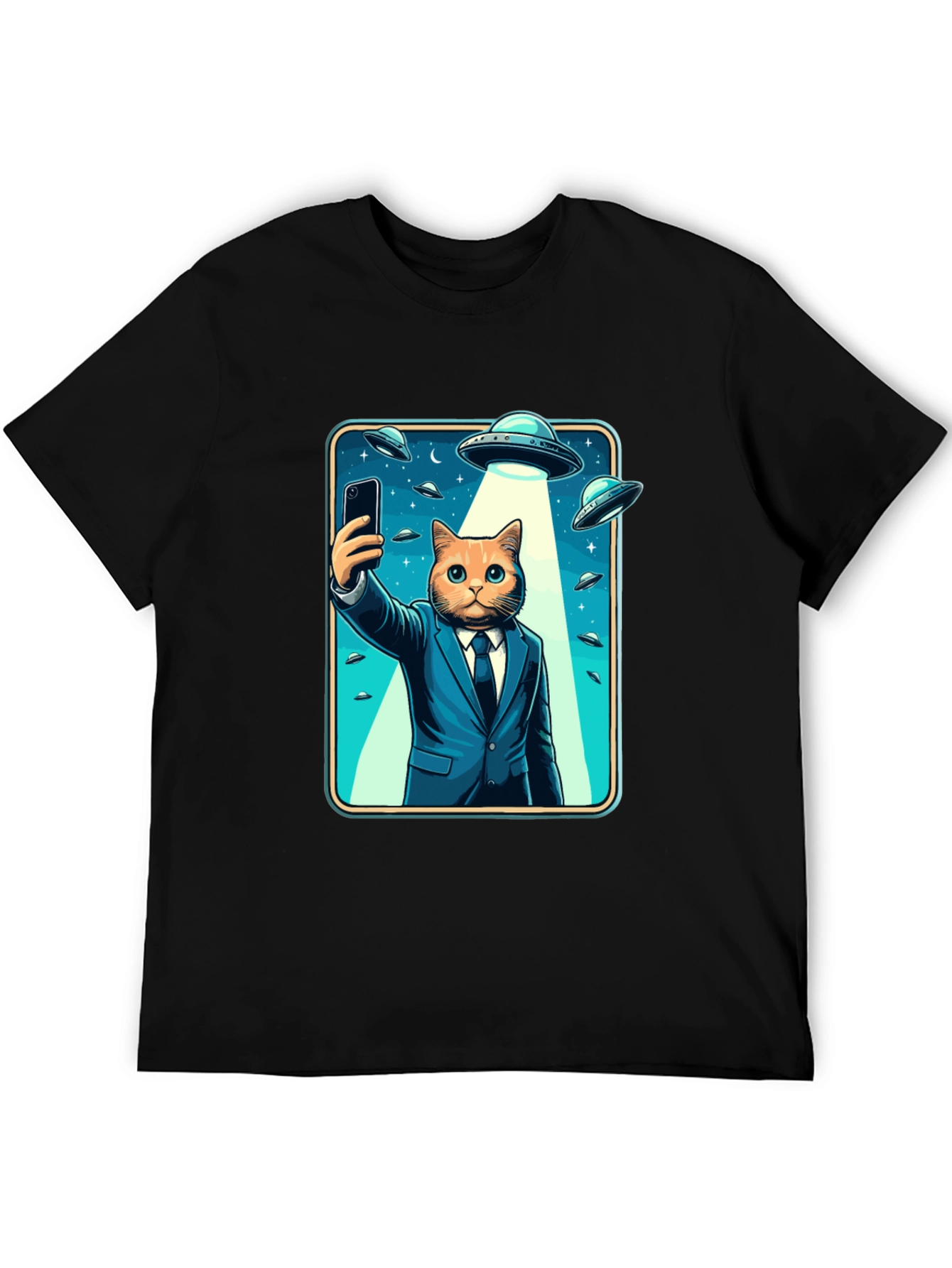 Black Cat in Suit UFO Selfie Graphic T-Shirt view 5