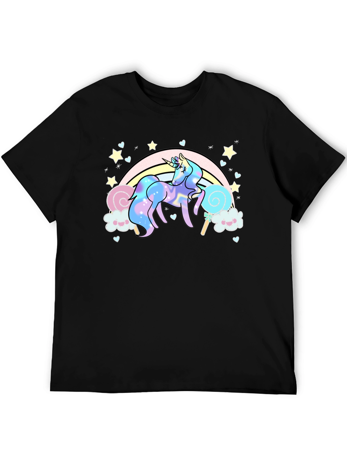 Black Unicorn Rainbow T-Shirt, Black Cotton Tee view 5