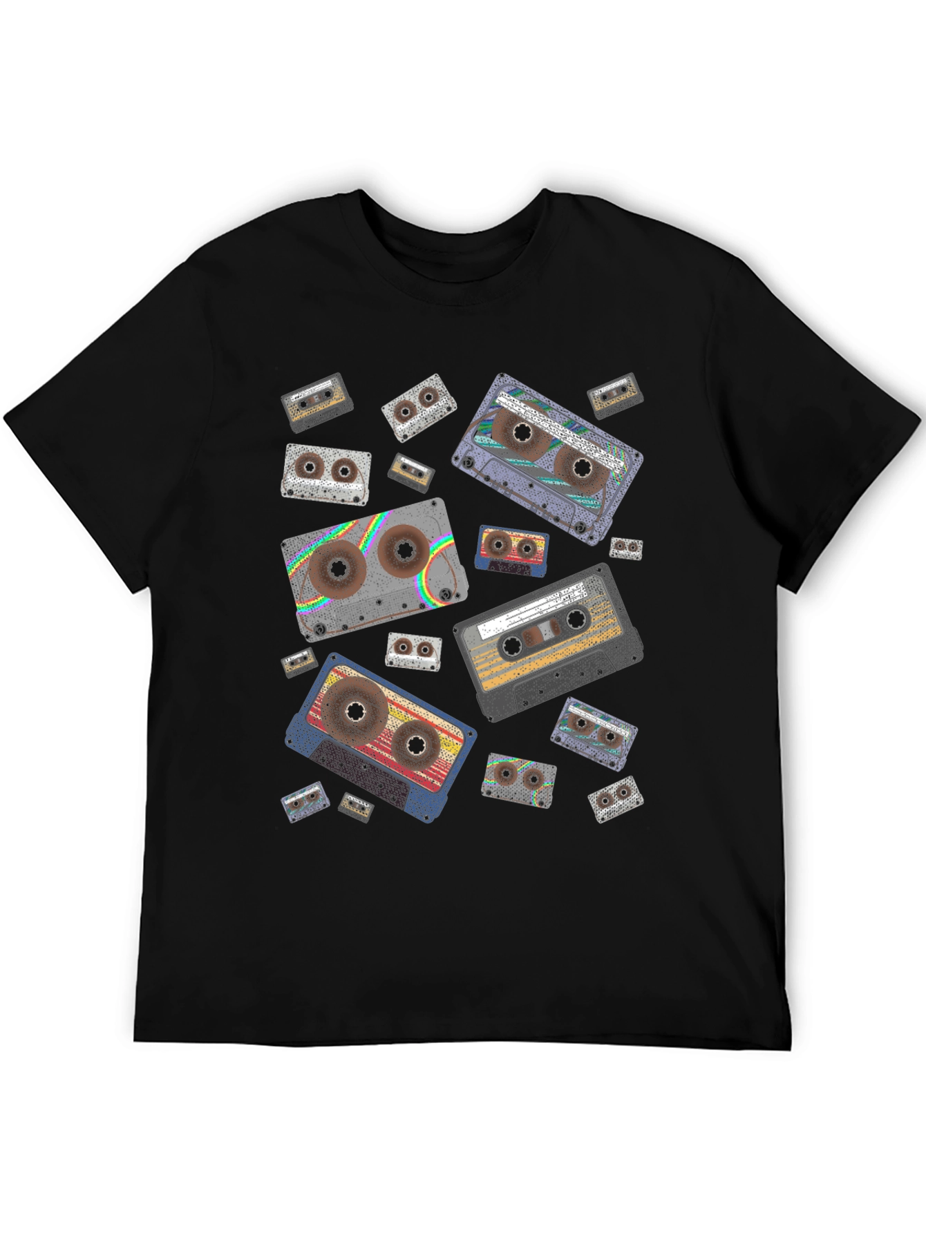 Black Retro Cassette Tape Pattern Black T-Shirt view 5