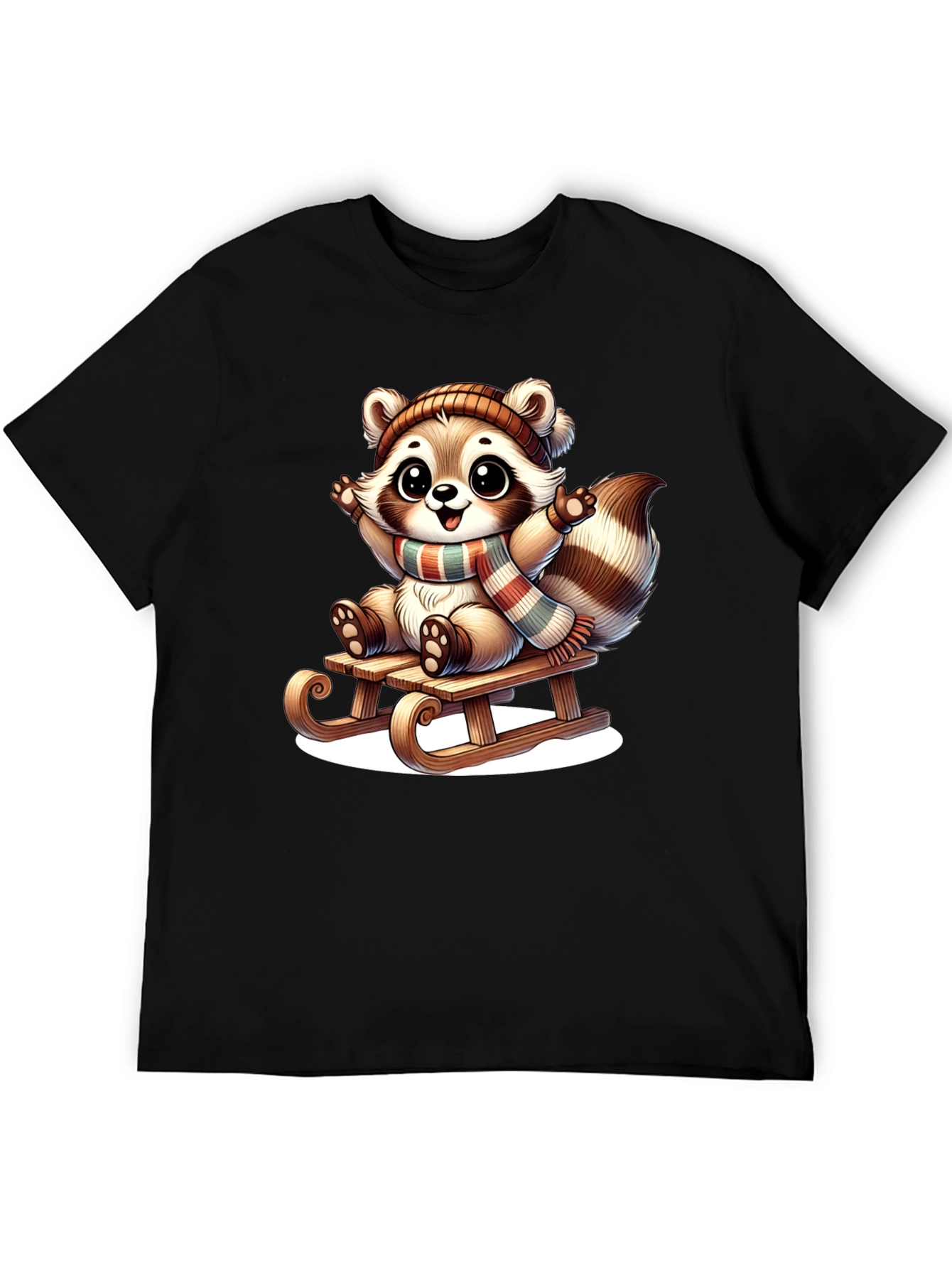 Black Cute Raccoon Sledding Graphic Tee view 5