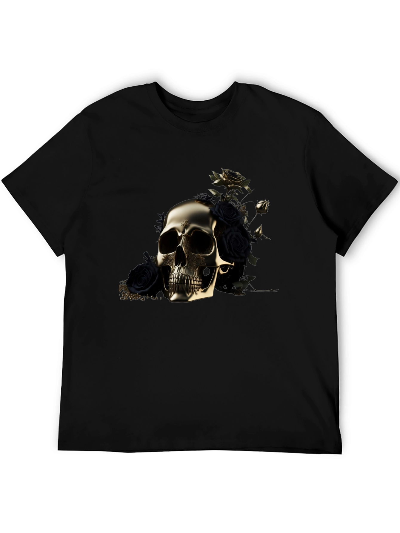 Black Golden Skull & Roses Graphic Tee view 5