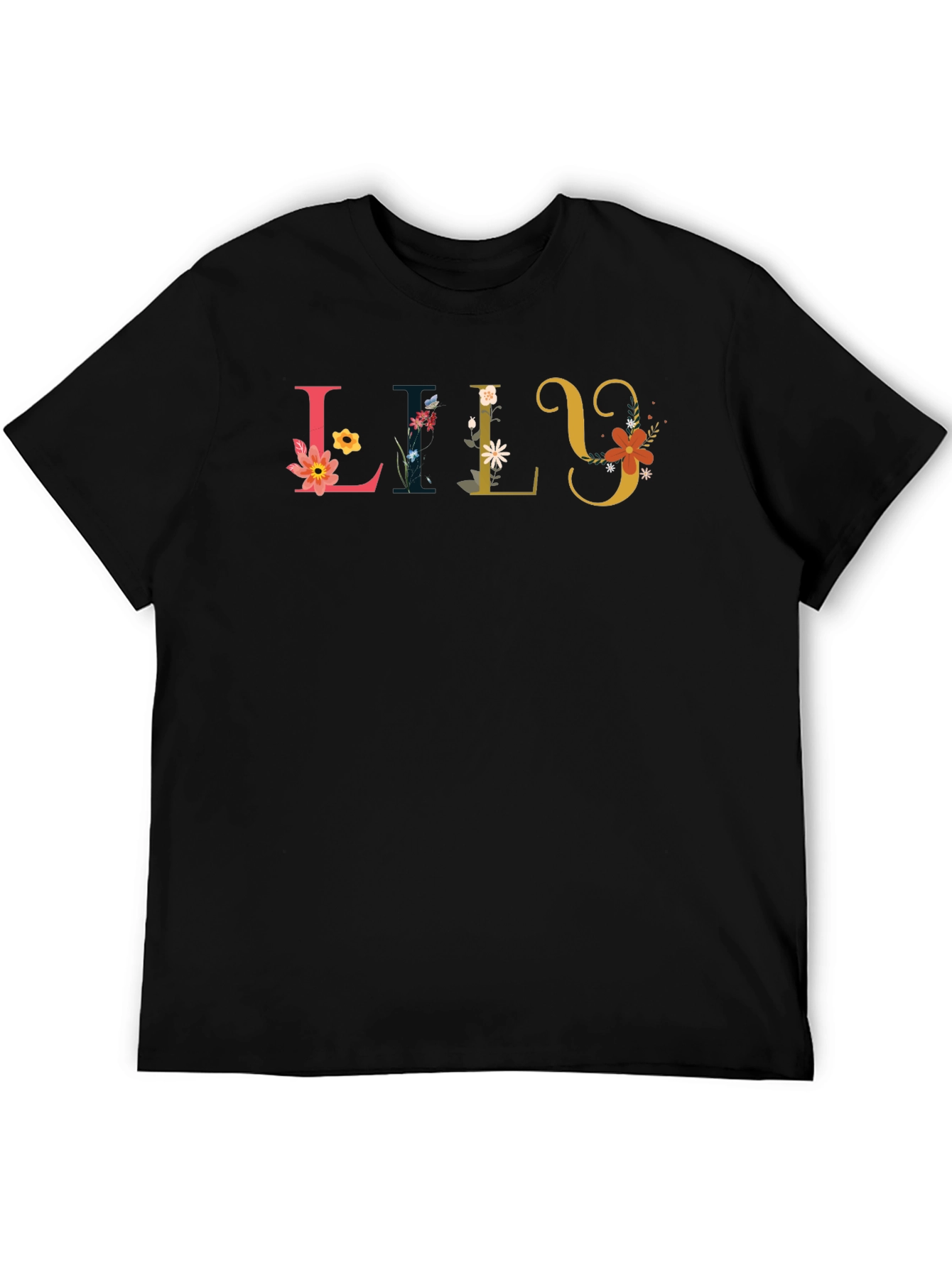 Black Floral Lily Personalized Black T-Shirt view 5