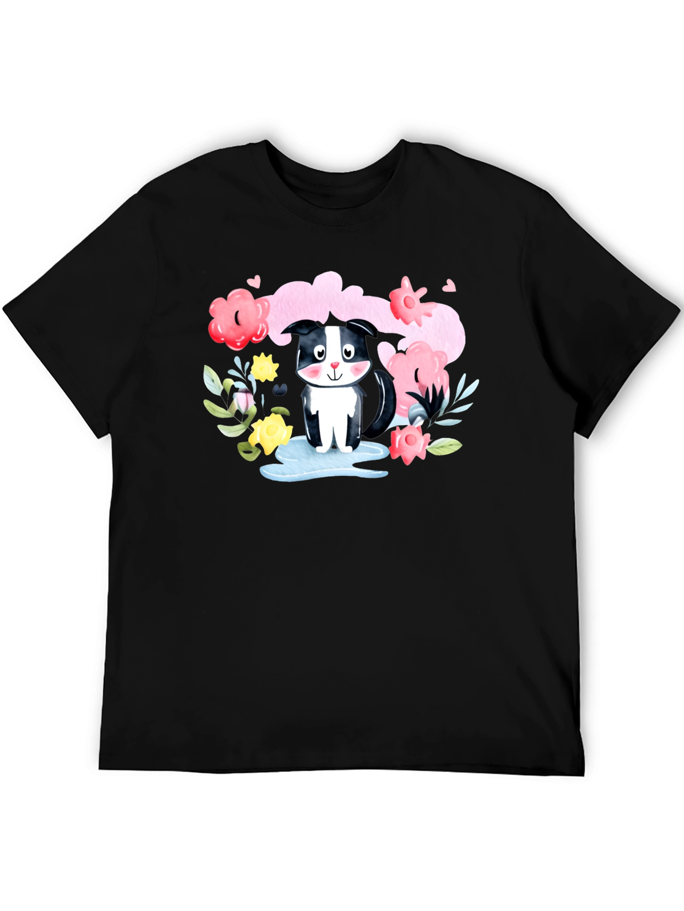 Black Cute Skunk in Watercolor Floral T-Shirt view 5