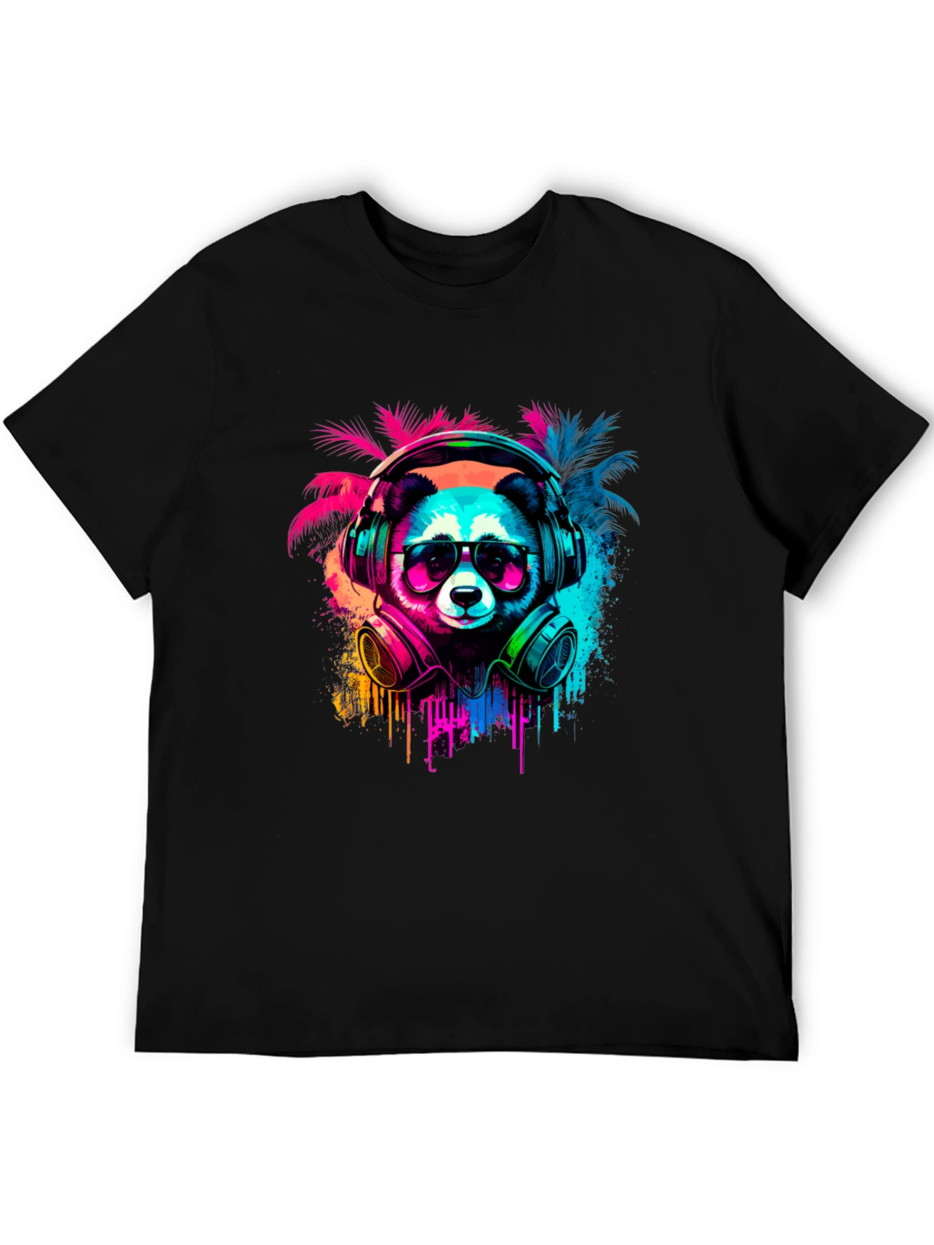 Black Neon Panda Headphones Graphic Tee view 5