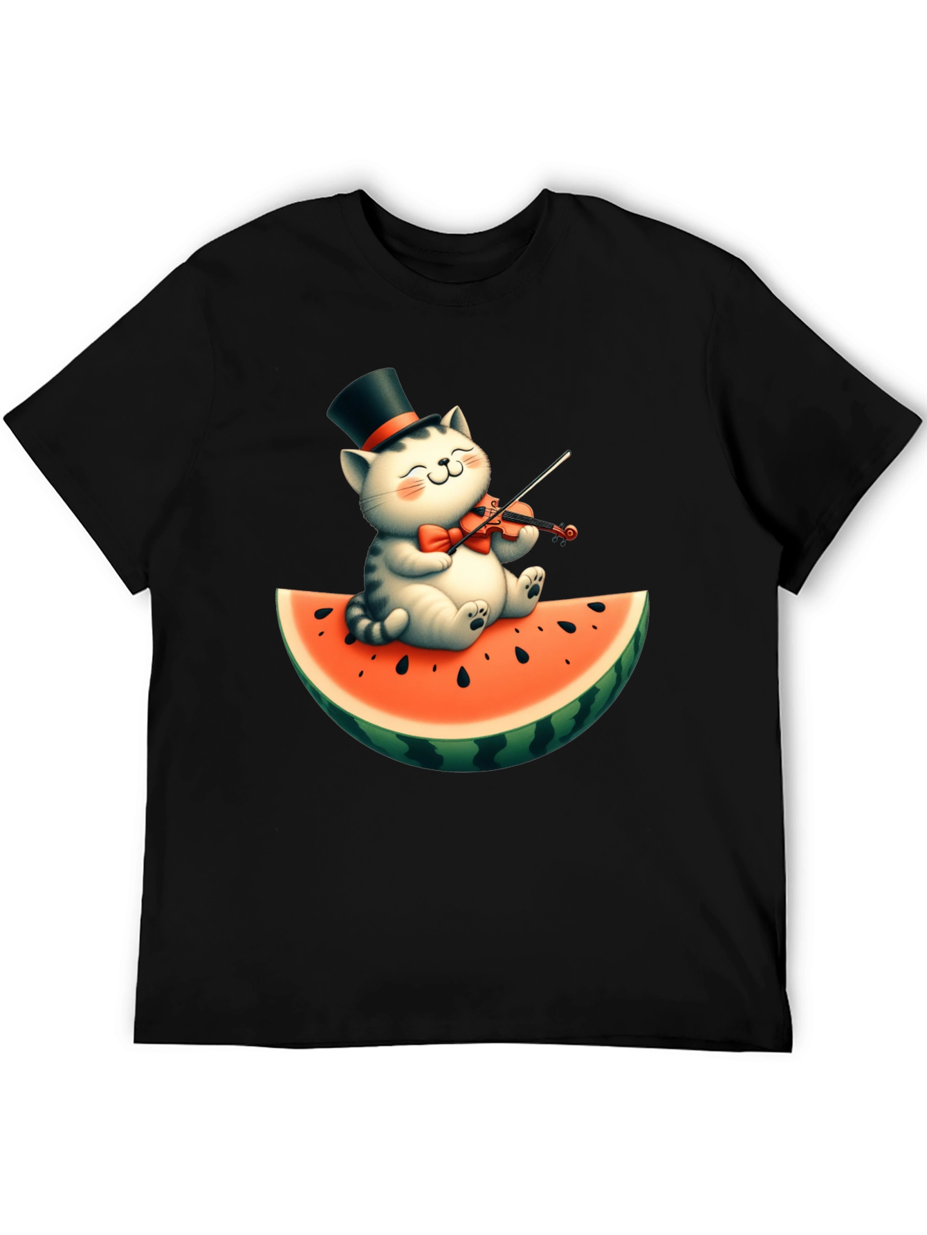 Black Cat Playing Violin on Watermelon Graphic Tee view 5