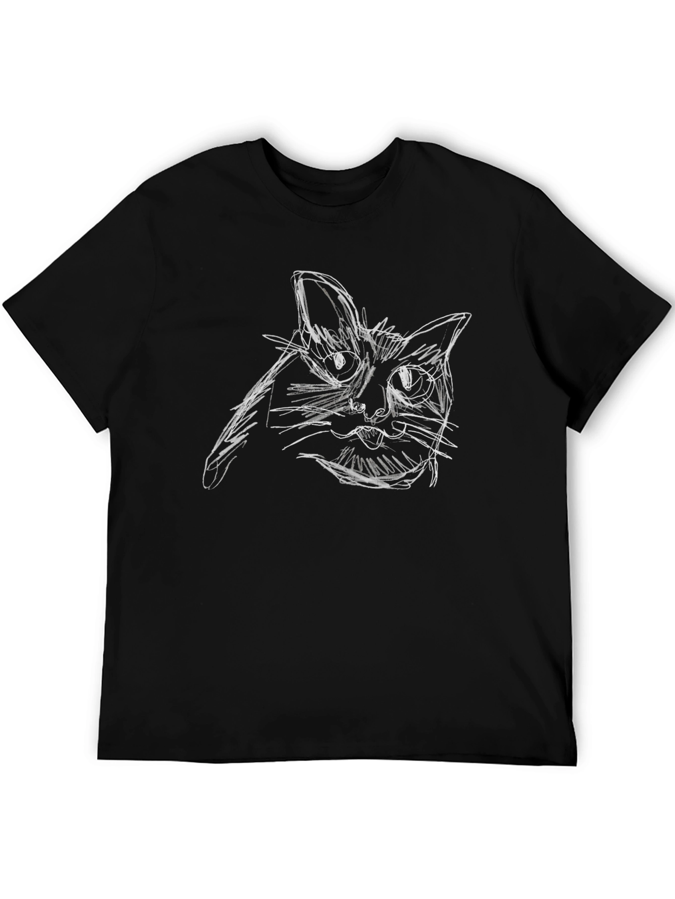 Black Sketchy Cat Tee - Unisex Black Cotton T-Shirt view 5