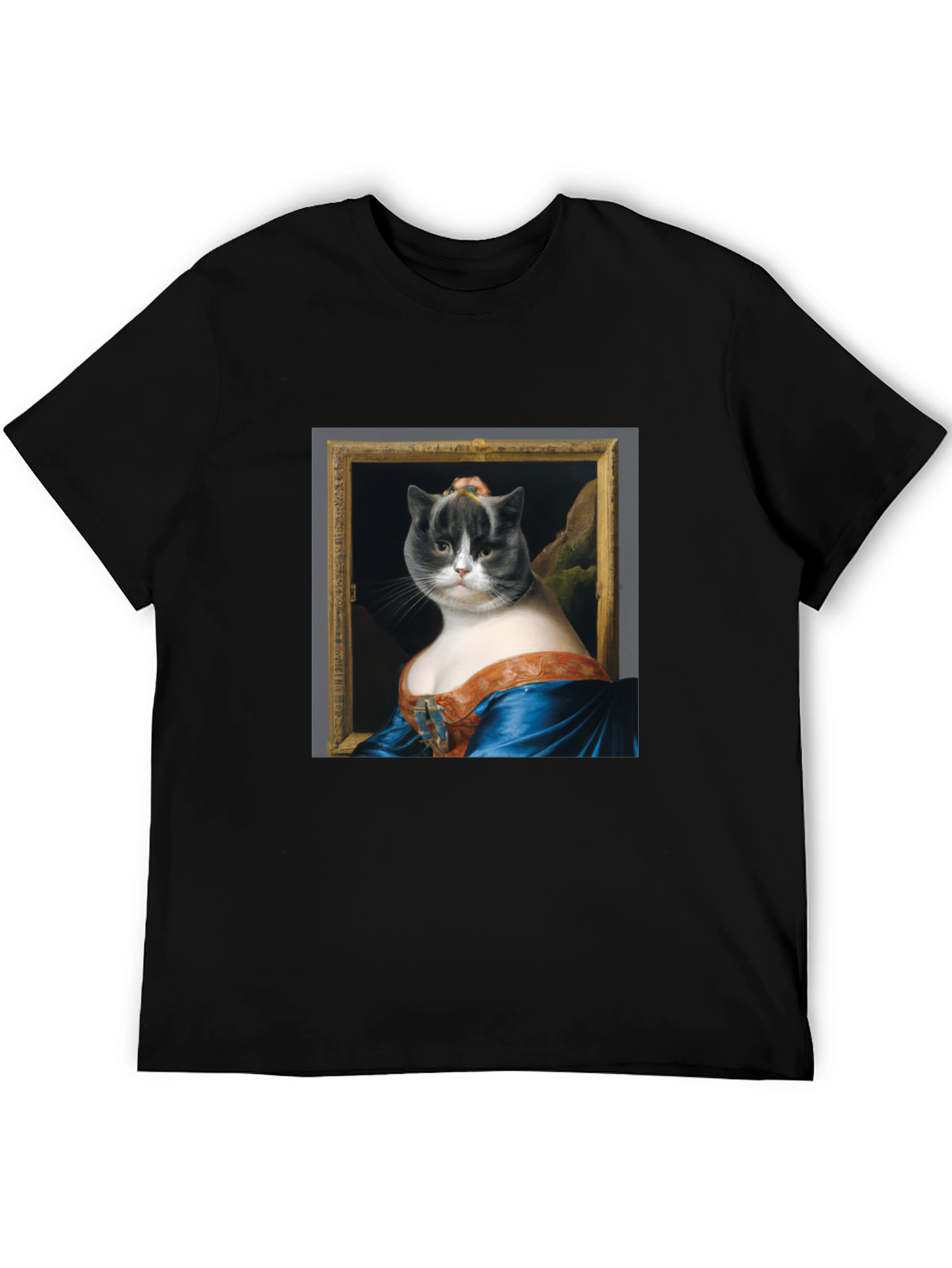 Black Mona Lisa Cat Portrait Graphic Tee - Black Cotton T-Shirt view 5