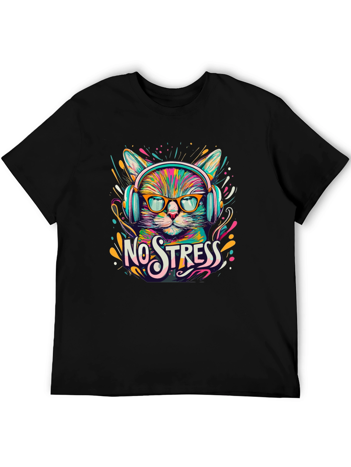 Black No Stress Cat T-Shirt view 5
