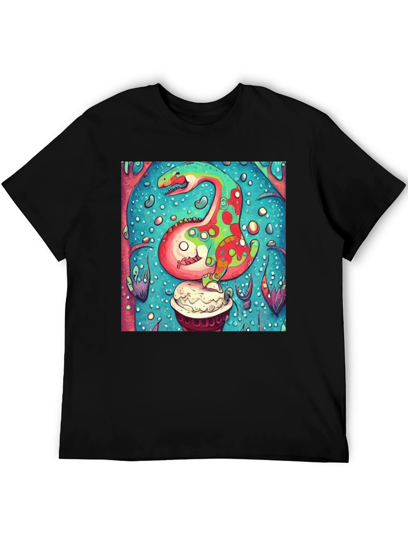 Black Dinosaur Cupcake Graphic T-Shirt - Unique Art Tee view 5