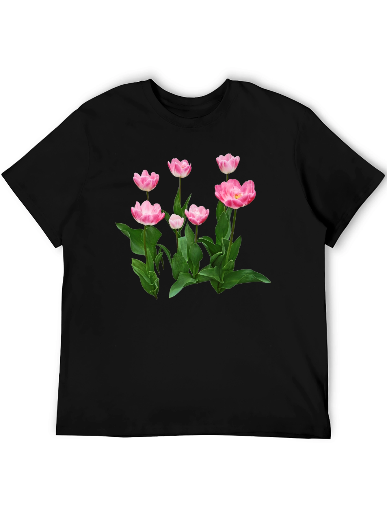 Black Floral Print T-Shirt - Pink Tulip Design view 5