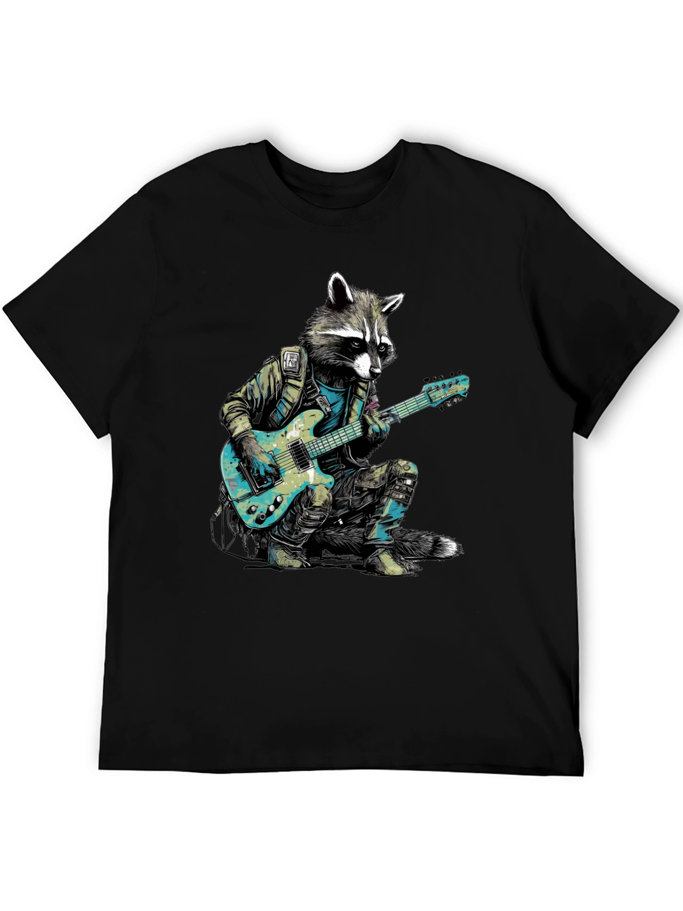 Black Raccoon Rocker Graphic Tee - Cool Animal Guitar T-Shirt view 5