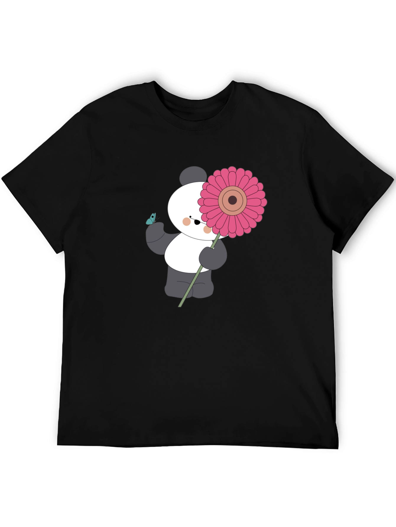 Black Panda with Flower Graphic Black T-Shirt view 5