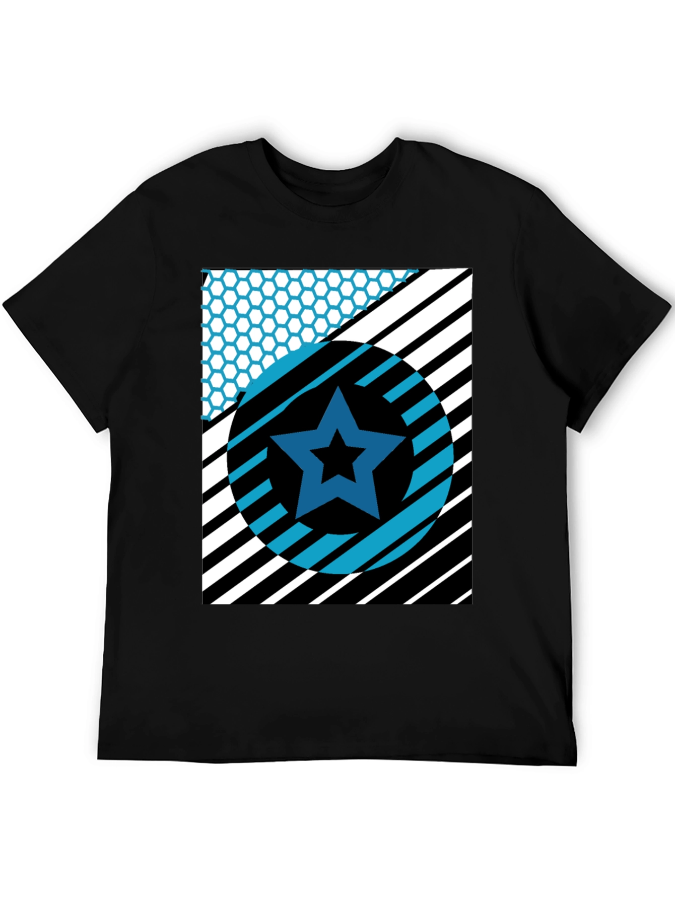 Black Geometric Star Graphic Tee - Black Cotton T-Shirt view 5
