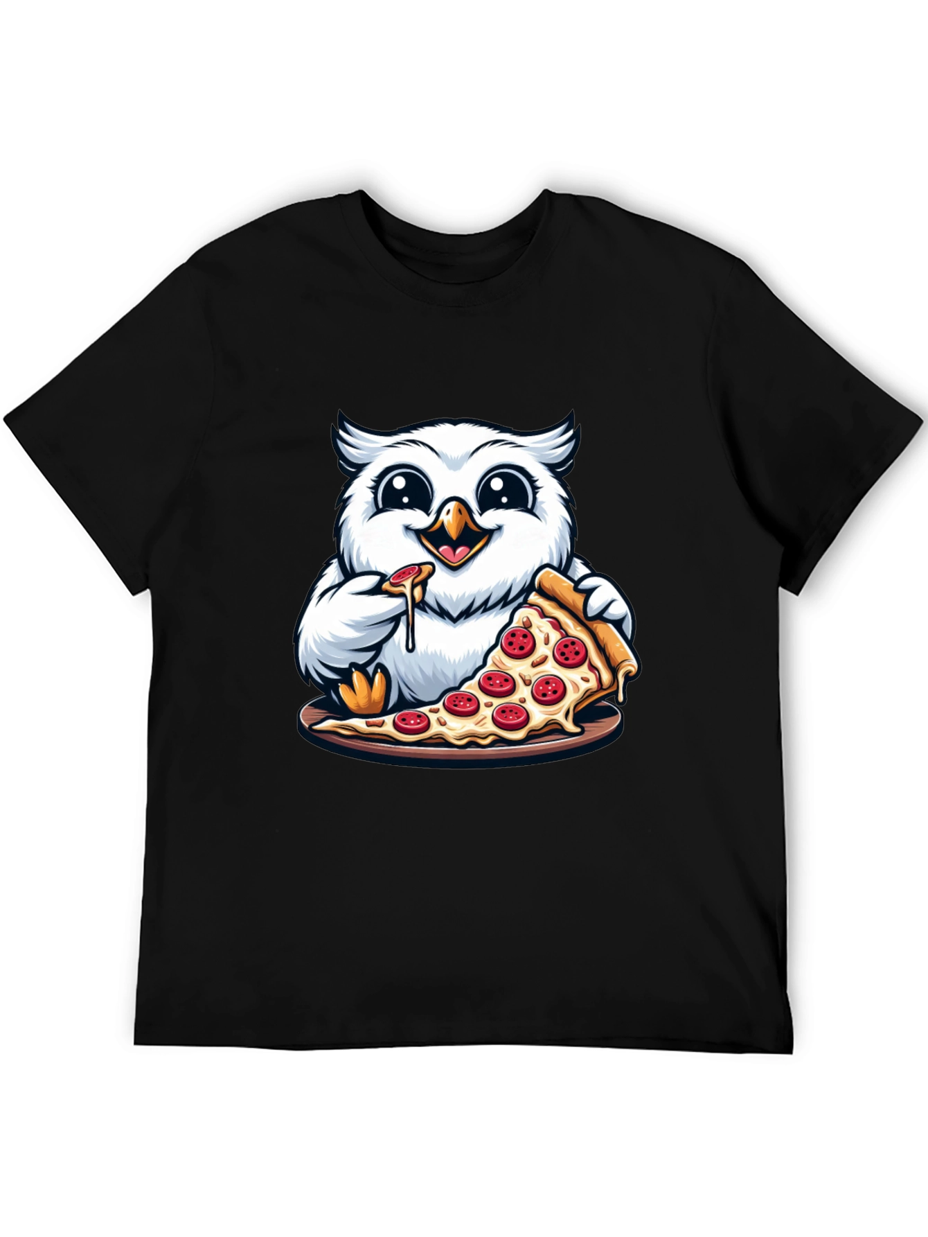 Black Owl Pizza Lover T-Shirt - Cute Cartoon Graphic Tee view 5