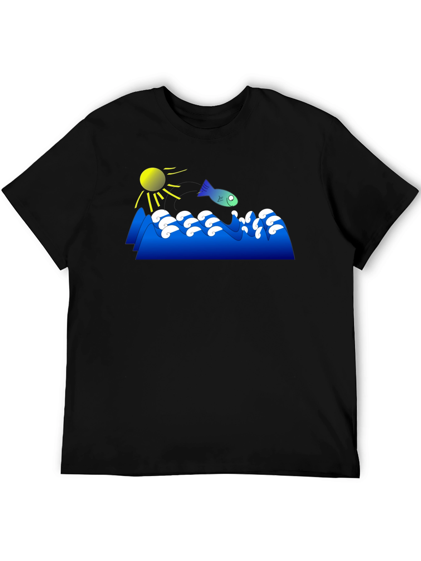 Black Cartoon Fish Jumping Waves Graphic Black T-Shirt view 5