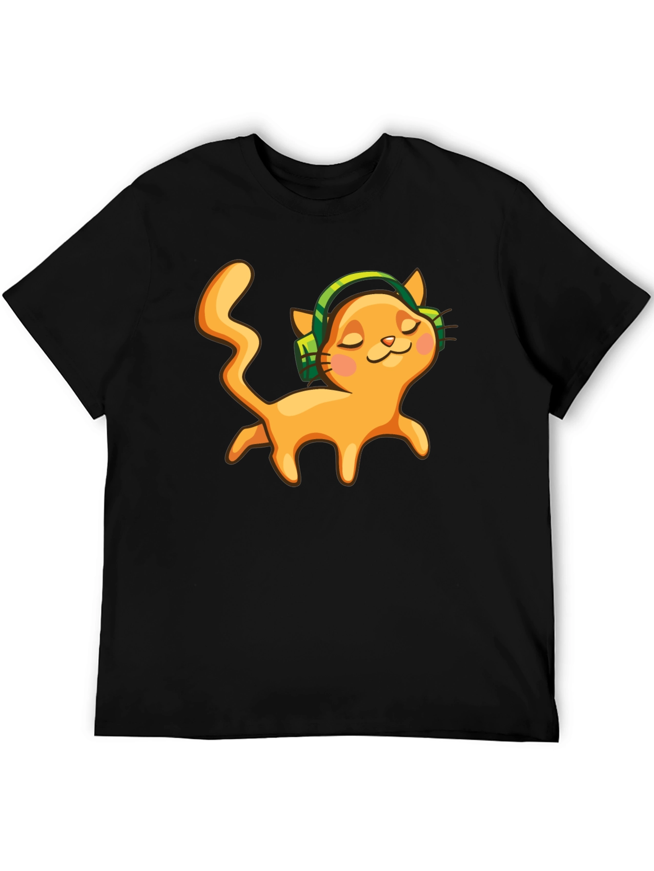 Black Cat with Headphones Black Graphic Tee view 5