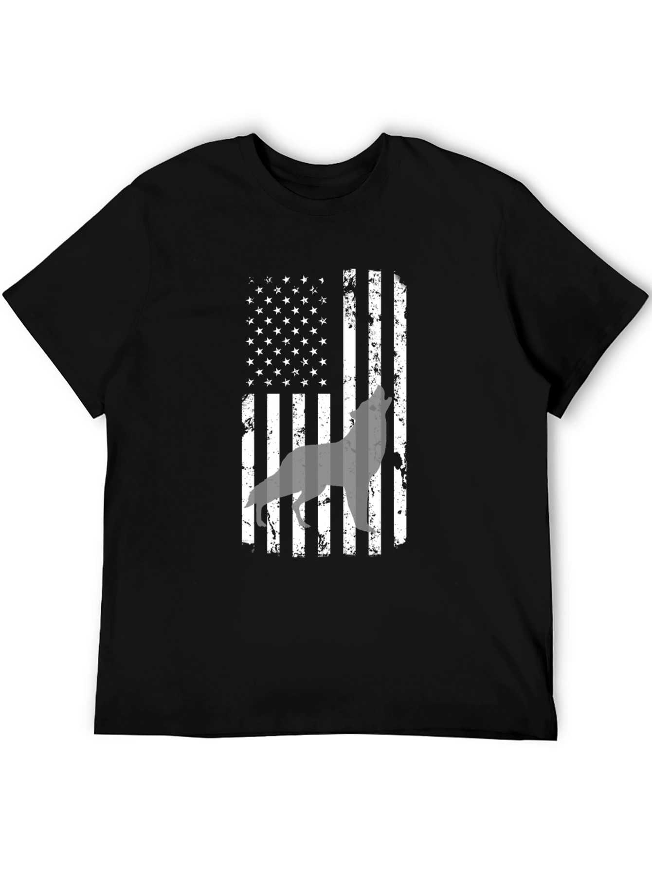 Black American Flag Wolf Graphic Print Men's T-Shirt view 5