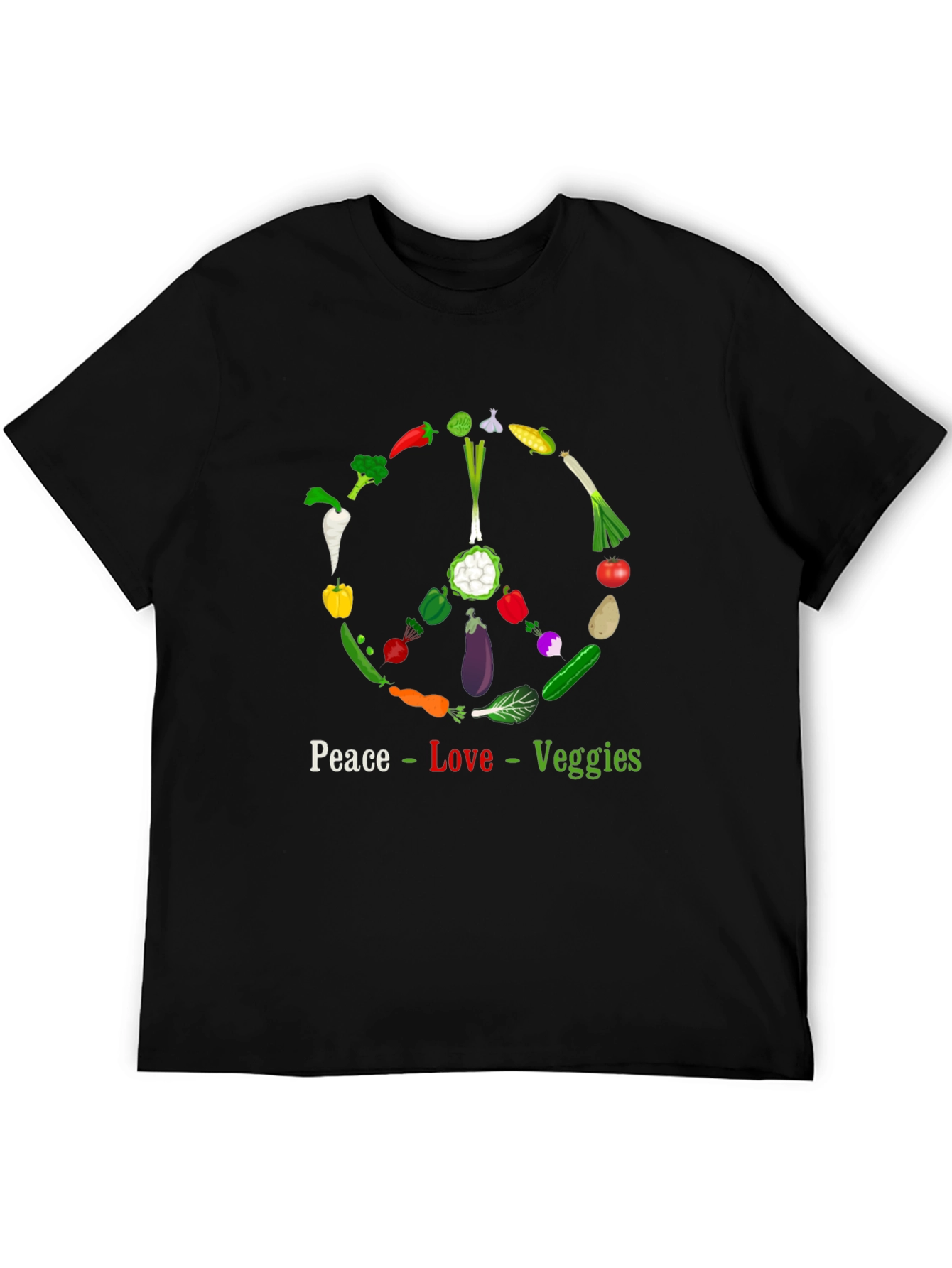 Black Peace Love Veggies T-Shirt - Vegetarian Vegan Apparel view 5