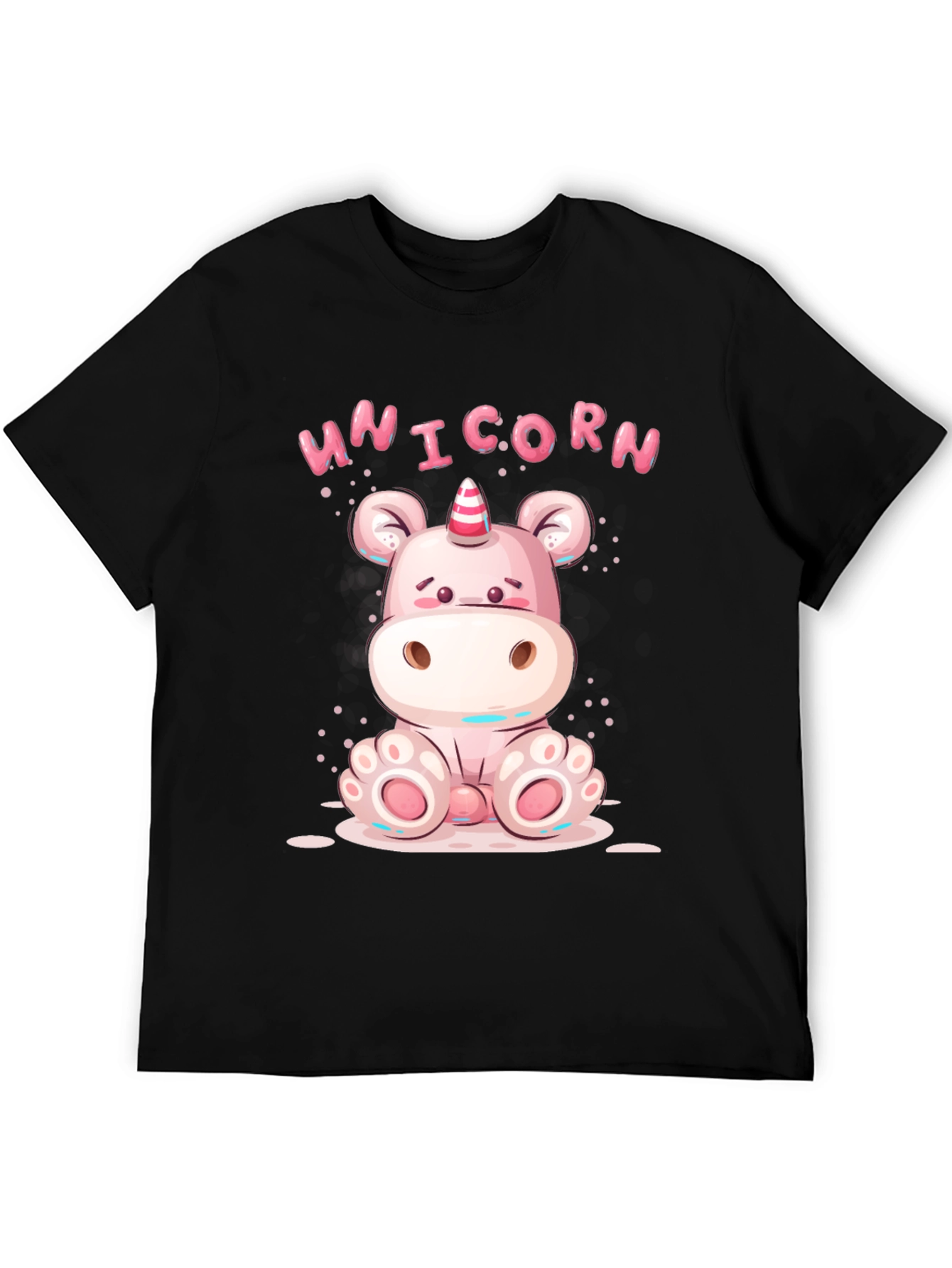 Black Cute Unicorn Cartoon Black T-Shirt view 5
