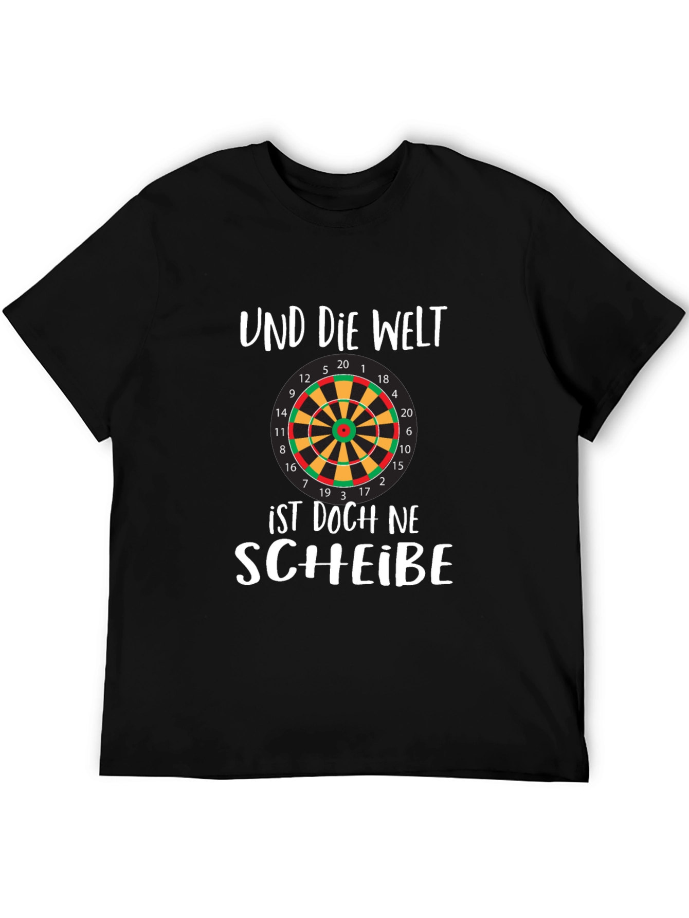 Black Humorous Dartboard T-Shirt - 'Und Die Welt' Design view 5