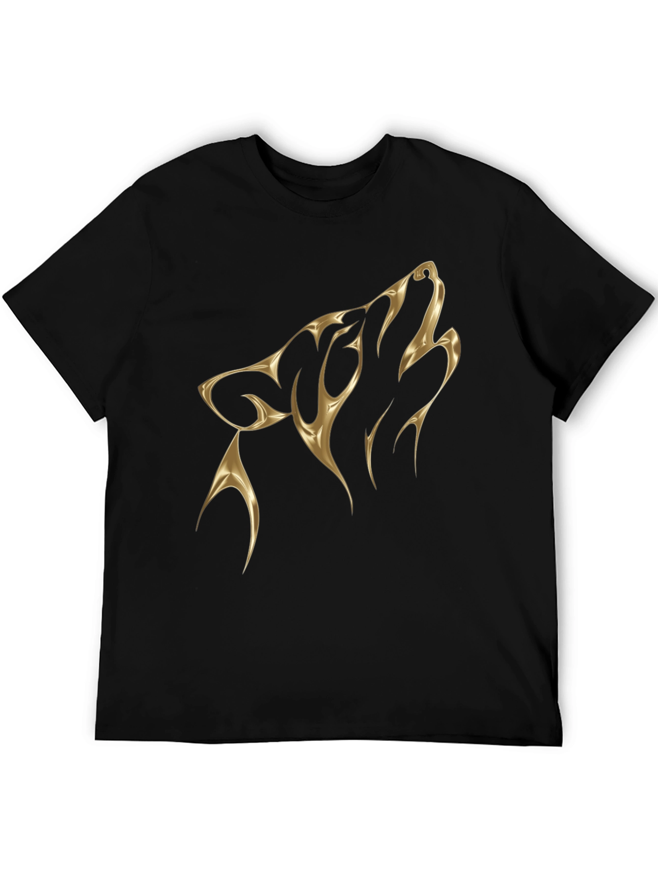 Black Men's Black T-Shirt with Golden Wolf Design view 5