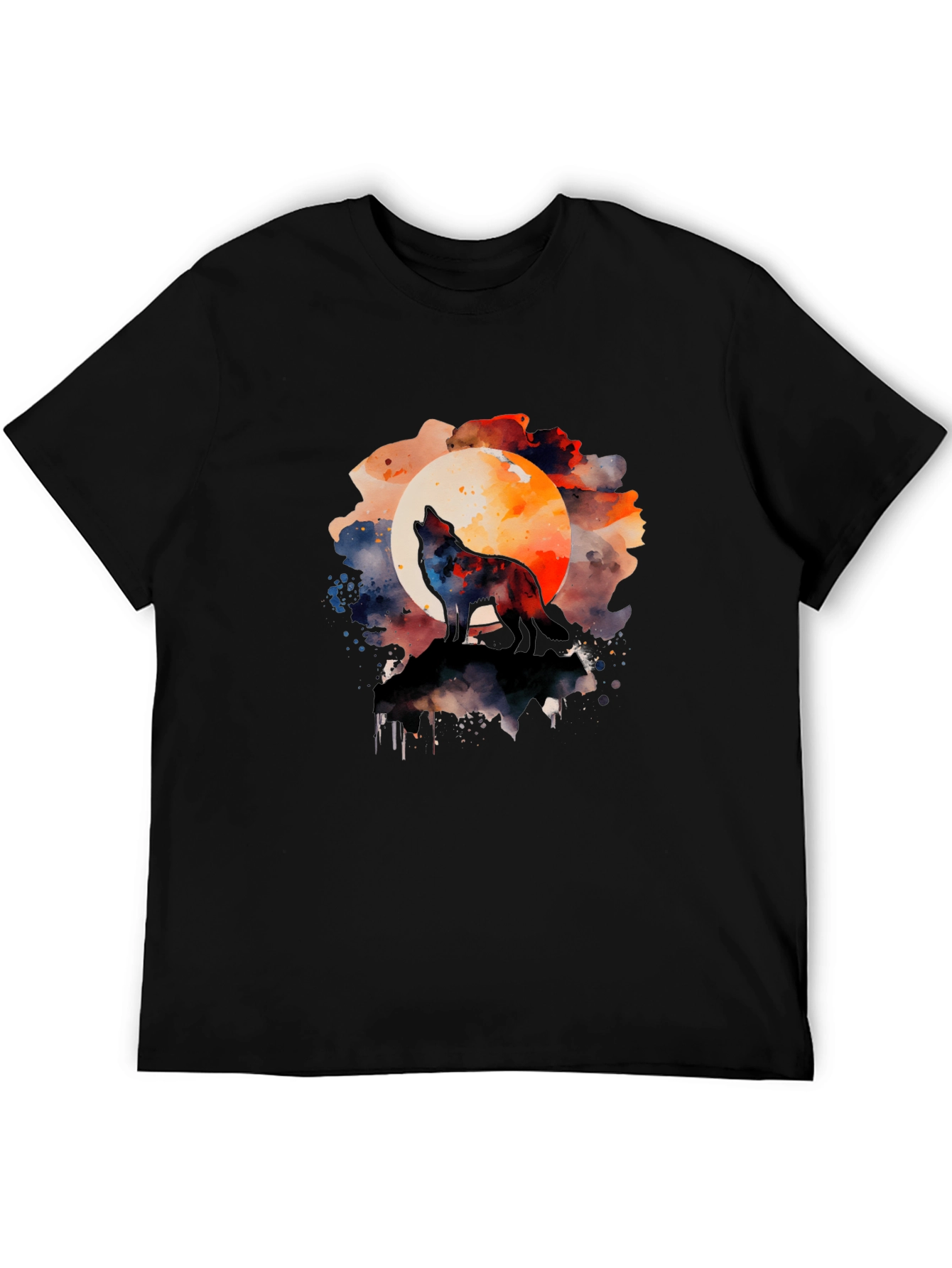 Black Wolf Howling Moon Watercolor Graphic Tee - Black view 5