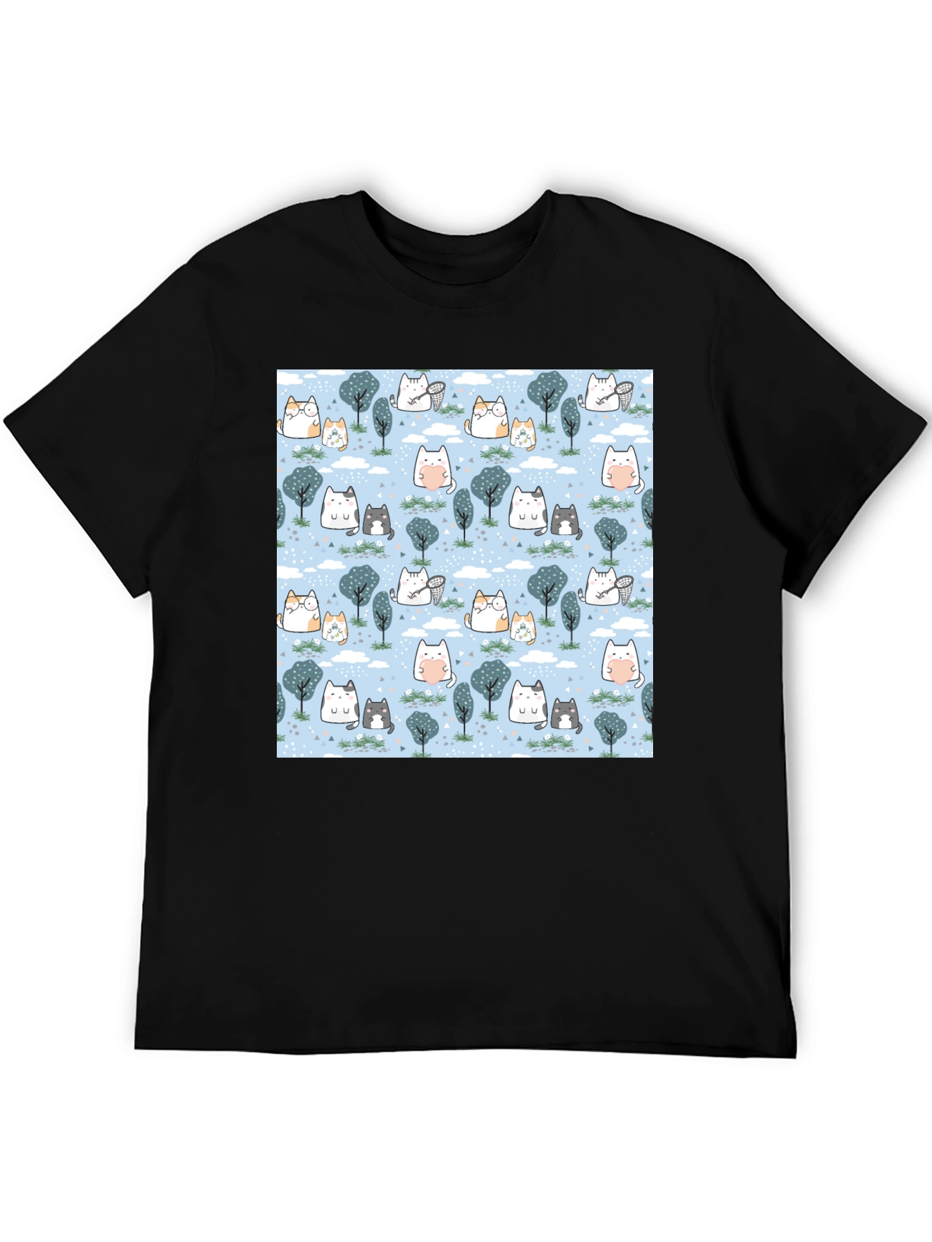 Black Cute Cat & Tree Print T-Shirt view 5
