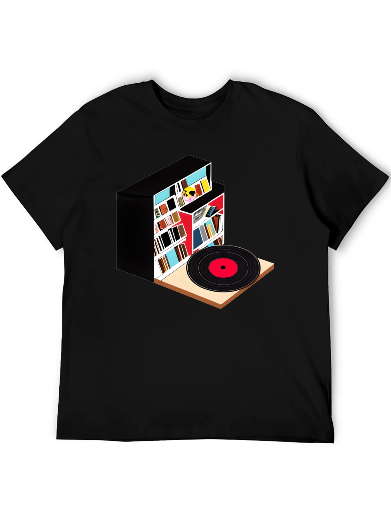 Black Bookcase and Vinyl Record T-Shirt view 5