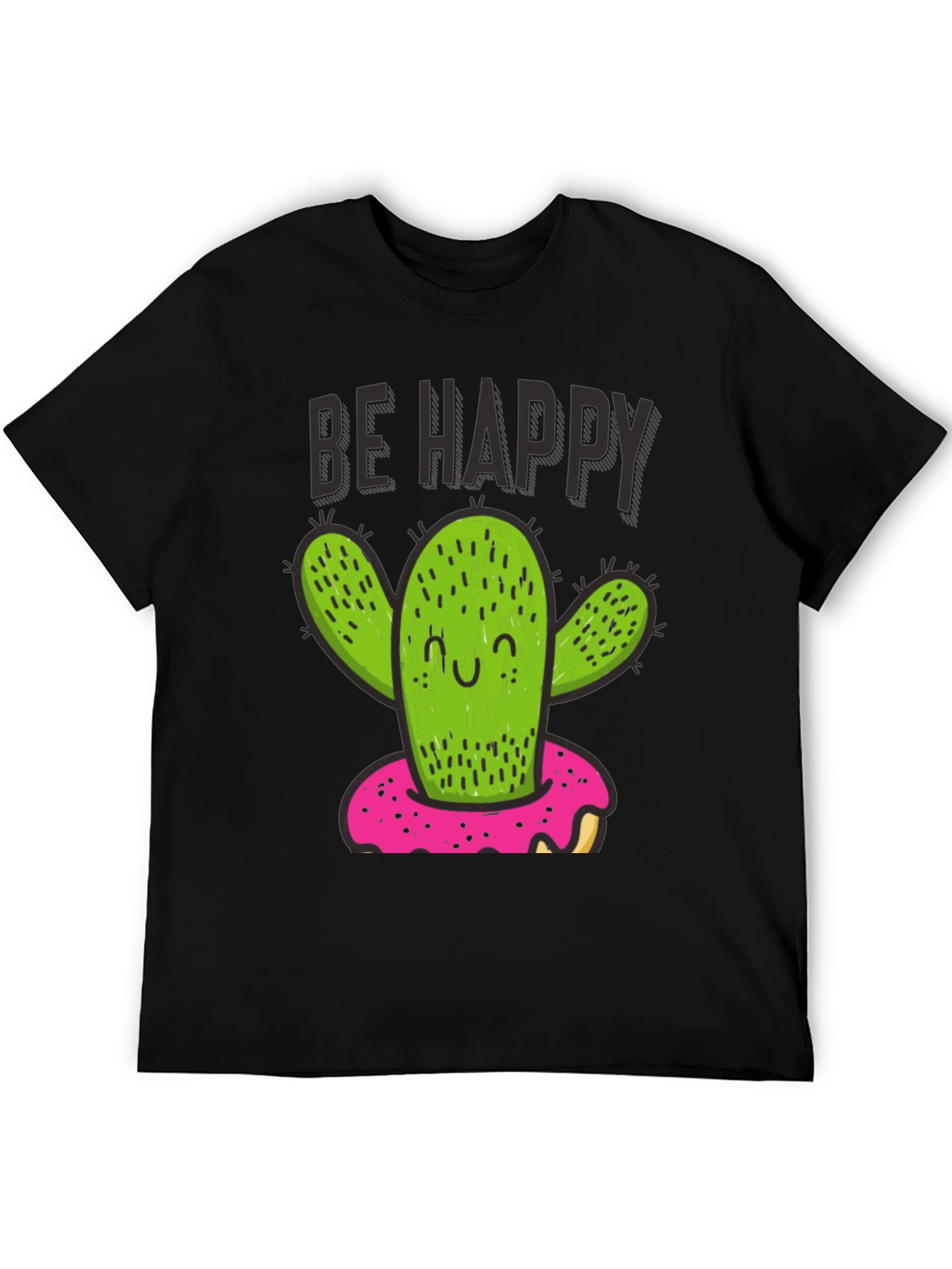 Black Be Happy Cactus Doughnut Graphic T-Shirt view 5