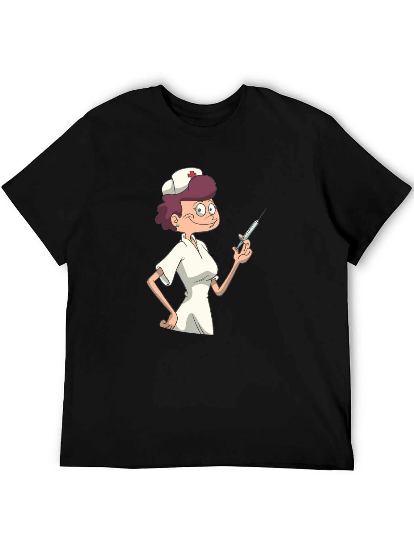 Black Nurse Cartoon Graphic T-Shirt - Black Casual Tee view 5