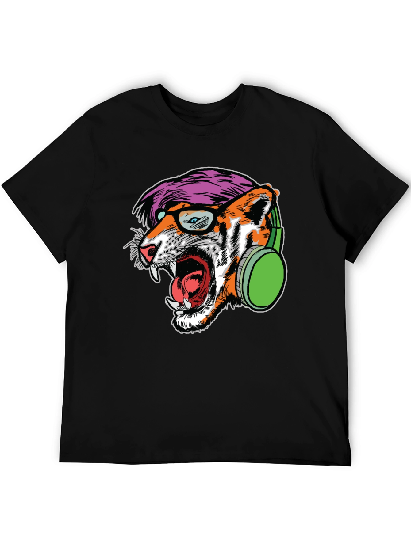 Black Cool Tiger Graphic Tee - Headphones & Glasses view 5