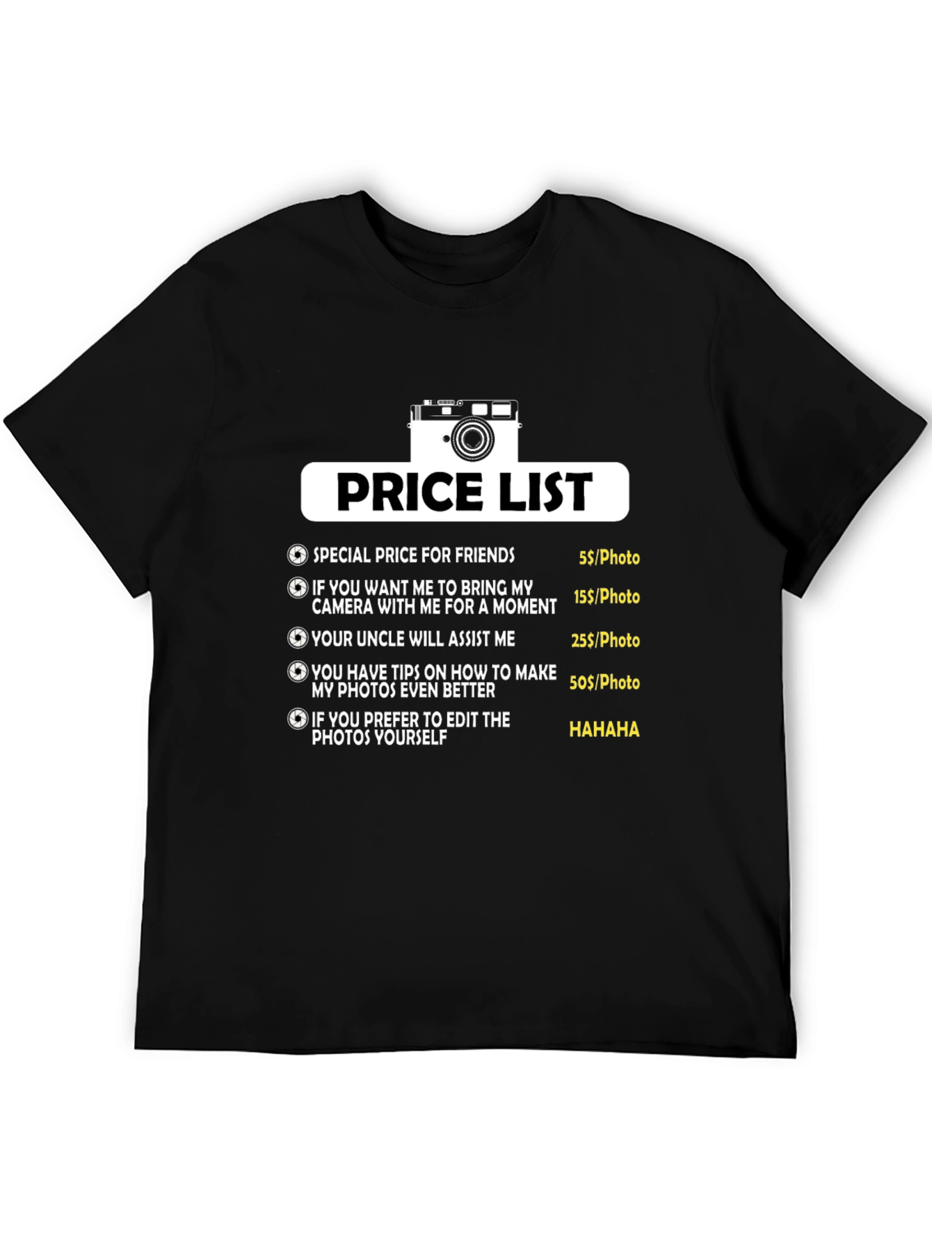 Black Funny Photographer Price List T-Shirt view 5